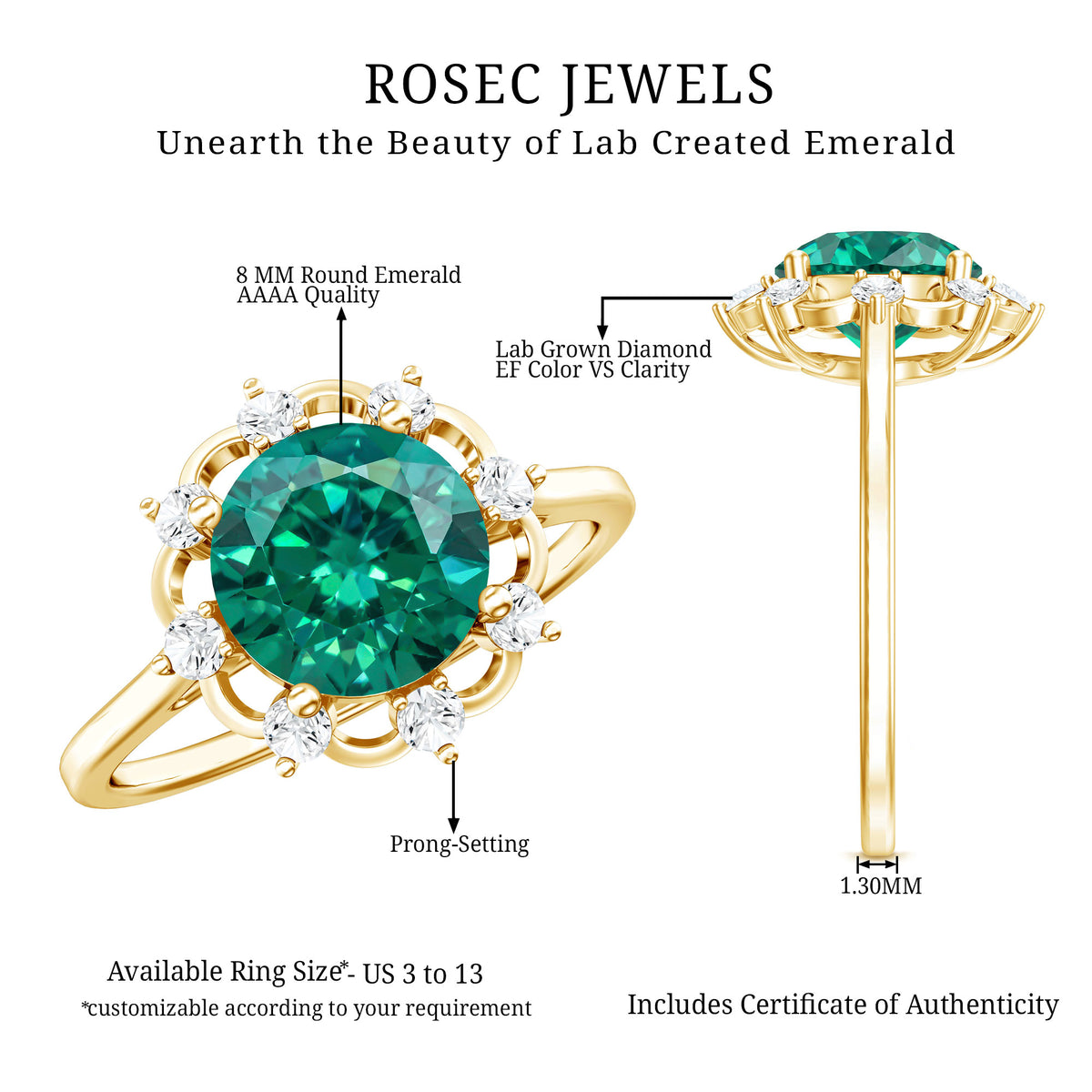 Lab Grown Emerald Designer Flower Engagement Ring AAAA - Rosec Jewels