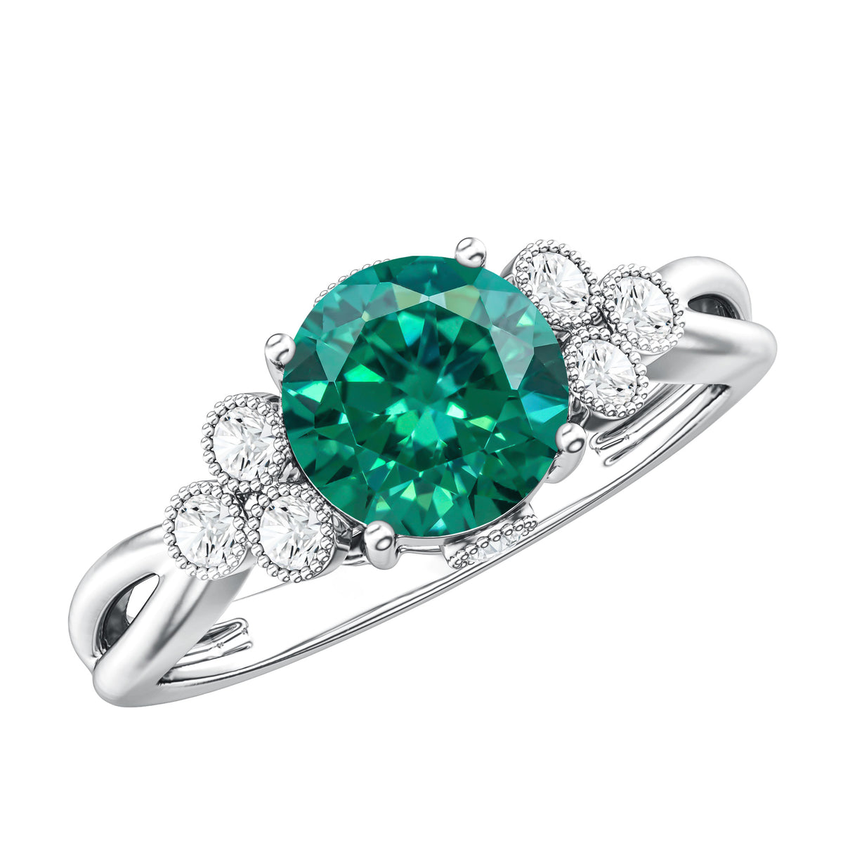 Certified Lab Grown Emerald Trio Engagement Ring with Diamond AAAA - Rosec Jewels