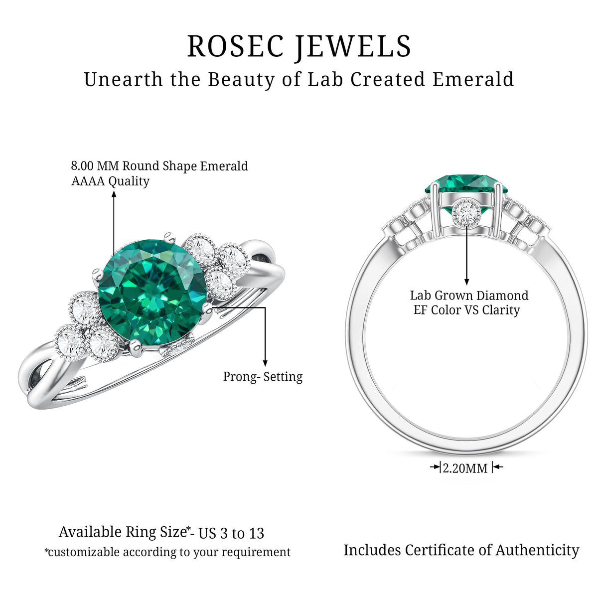 Certified Lab Grown Emerald Trio Engagement Ring with Diamond AAAA - Rosec Jewels