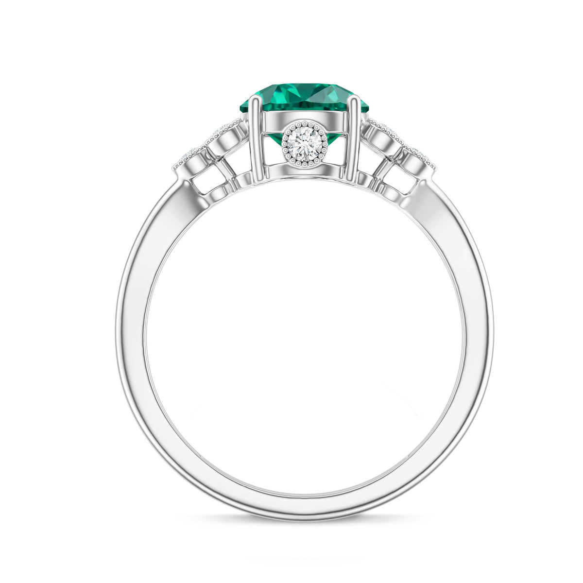 Certified Lab Grown Emerald Trio Engagement Ring with Diamond AAAA - Rosec Jewels