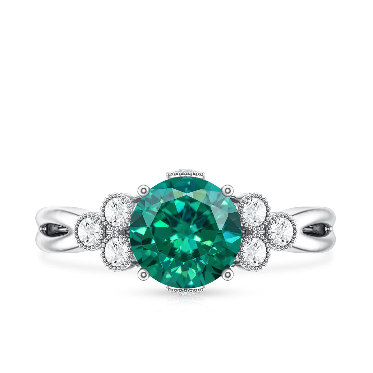 Certified Lab Grown Emerald Trio Engagement Ring with Diamond AAAA - Rosec Jewels