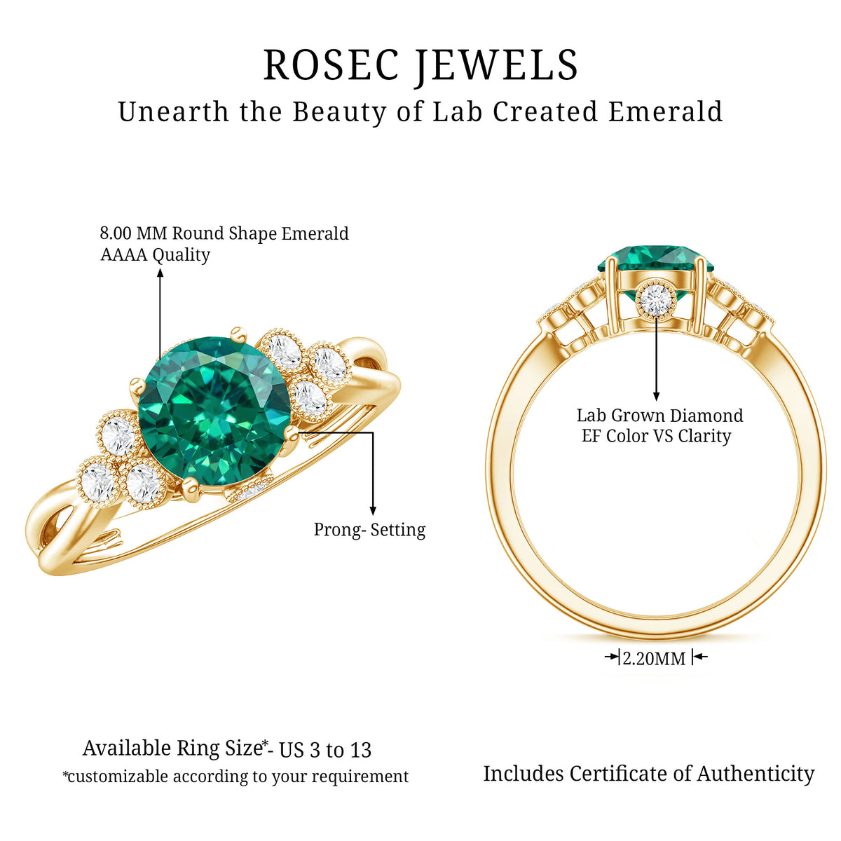 Certified Lab Grown Emerald Trio Engagement Ring with Diamond AAAA - Rosec Jewels