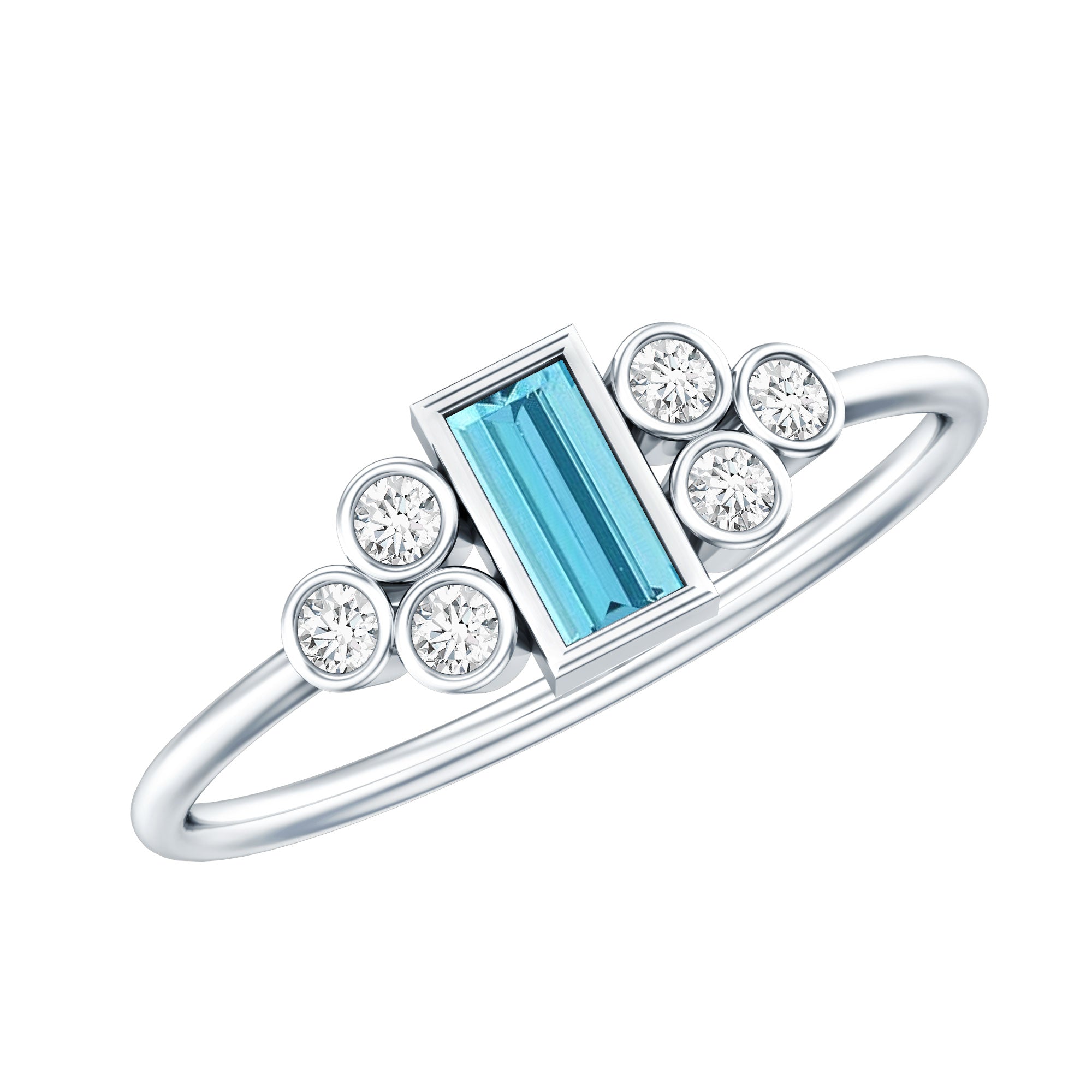 Sterling Silver Baguette Aquamarine Promise Ring with Moissanite Trio AAA 92.5 Sterling Silver - Rosec Jewels