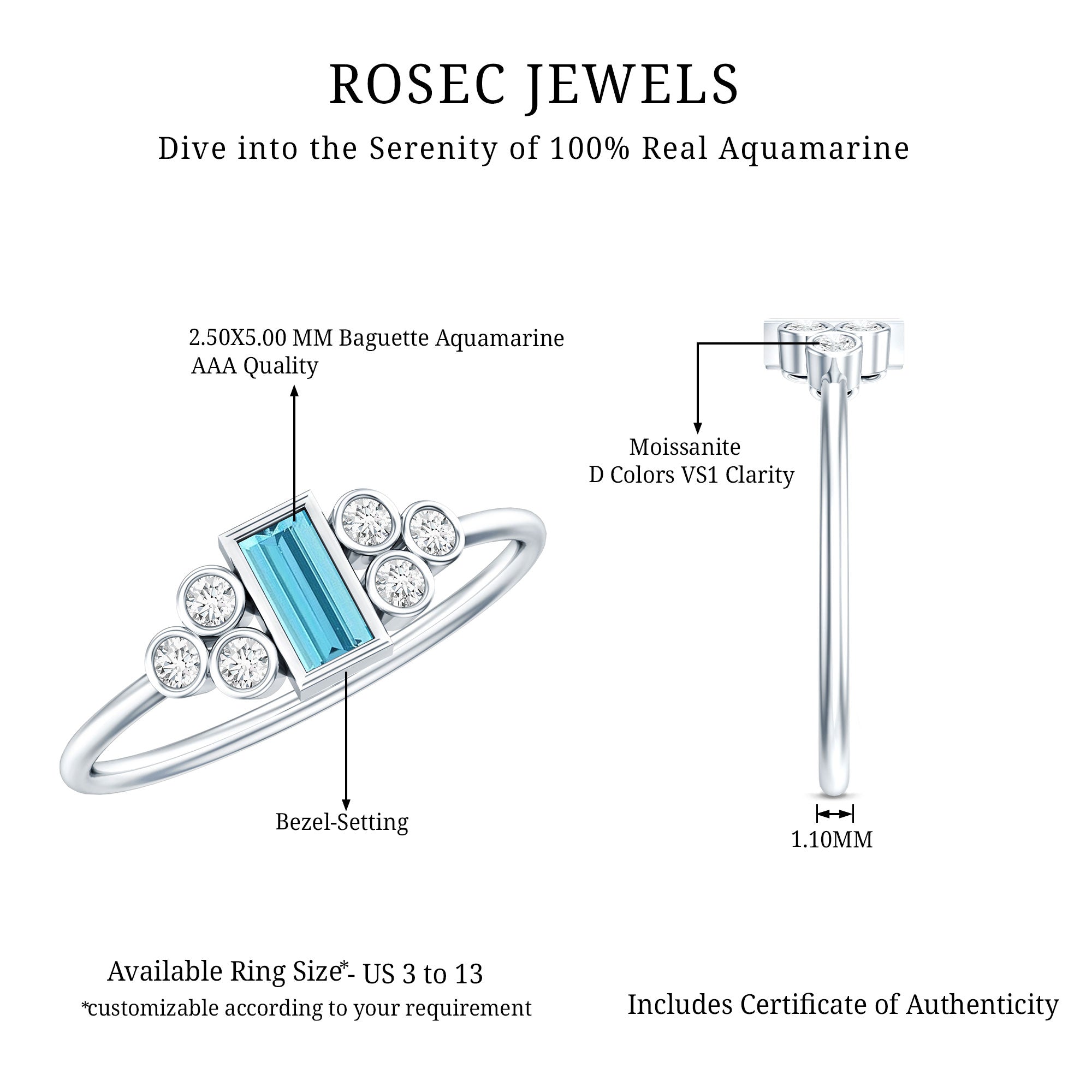 Sterling Silver Baguette Aquamarine Promise Ring with Moissanite Trio AAA 92.5 Sterling Silver - Rosec Jewels