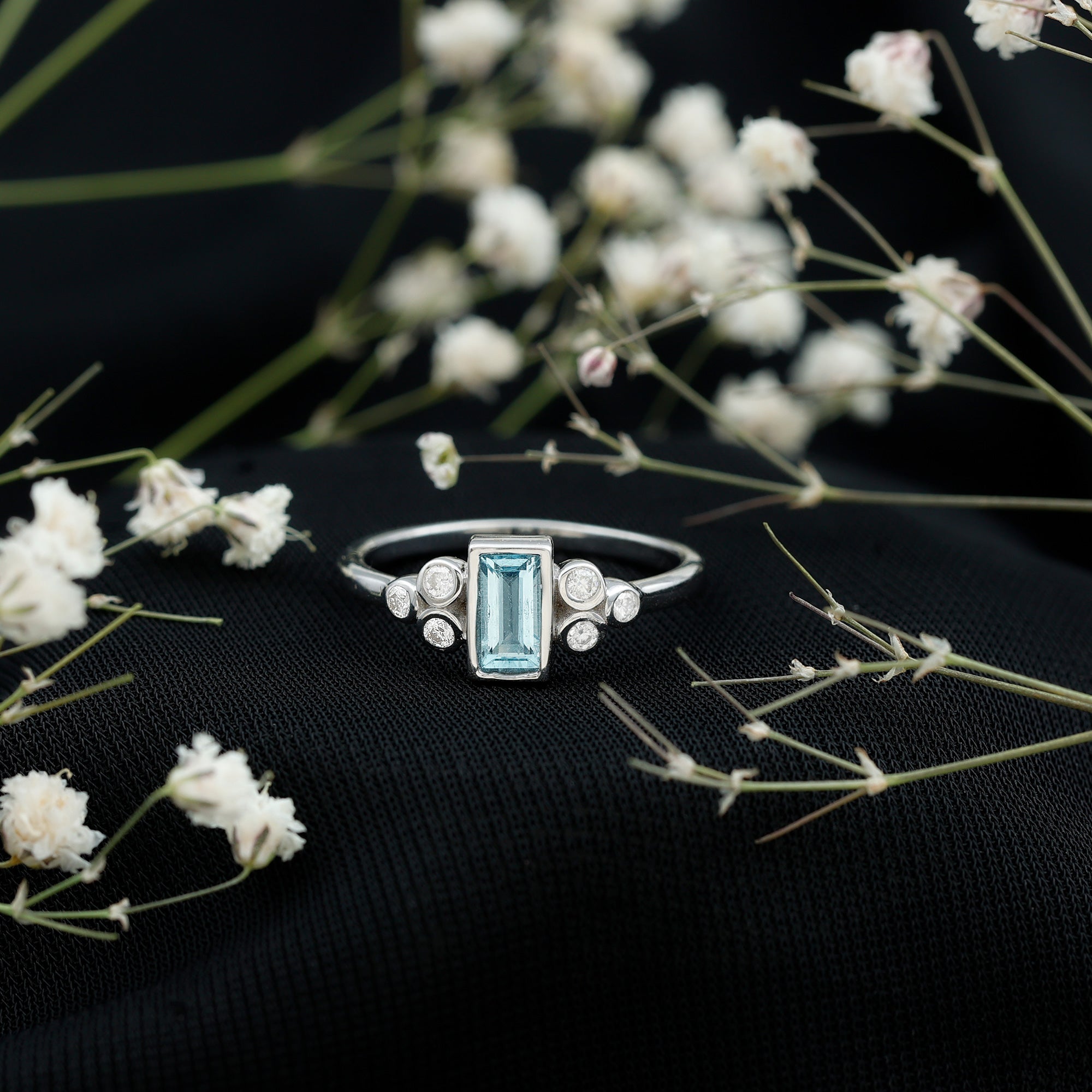 Sterling Silver Baguette Aquamarine Promise Ring with Moissanite Trio AAA 92.5 Sterling Silver - Rosec Jewels