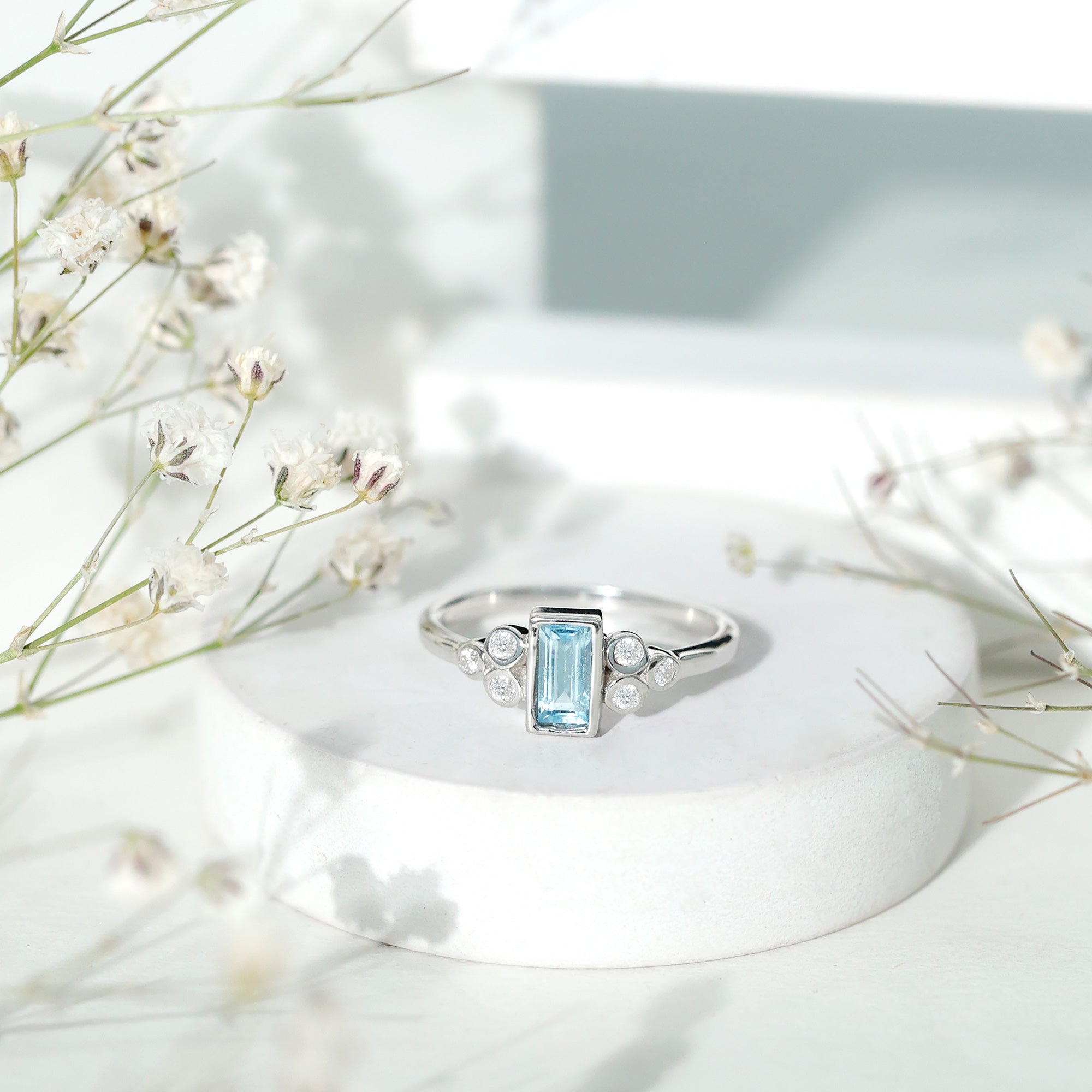Sterling Silver Baguette Aquamarine Promise Ring with Moissanite Trio AAA 92.5 Sterling Silver - Rosec Jewels