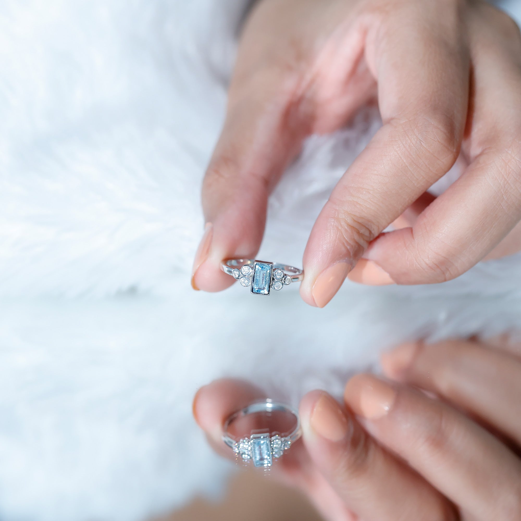 Sterling Silver Baguette Aquamarine Promise Ring with Moissanite Trio AAA 92.5 Sterling Silver - Rosec Jewels