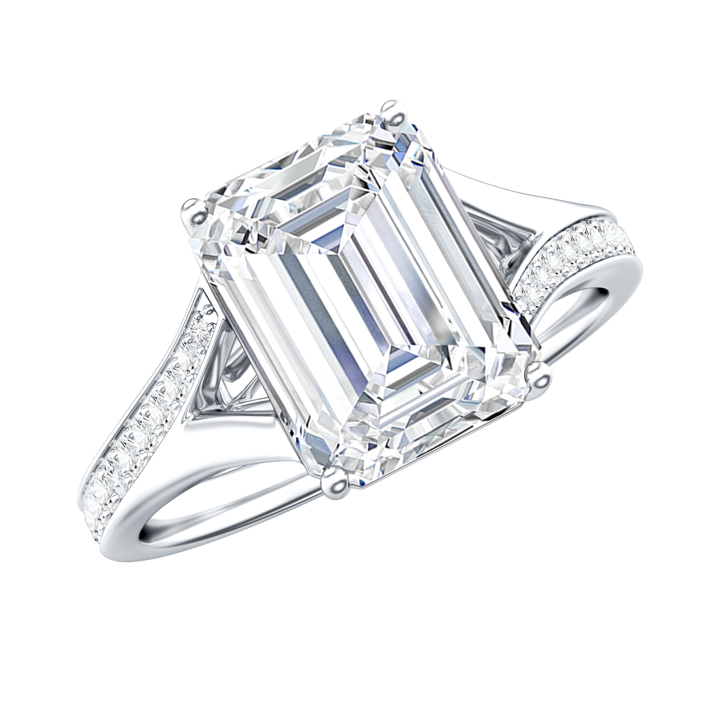 Emerald Cut Moissanite Solitaire Engagement Ring with Split Shank