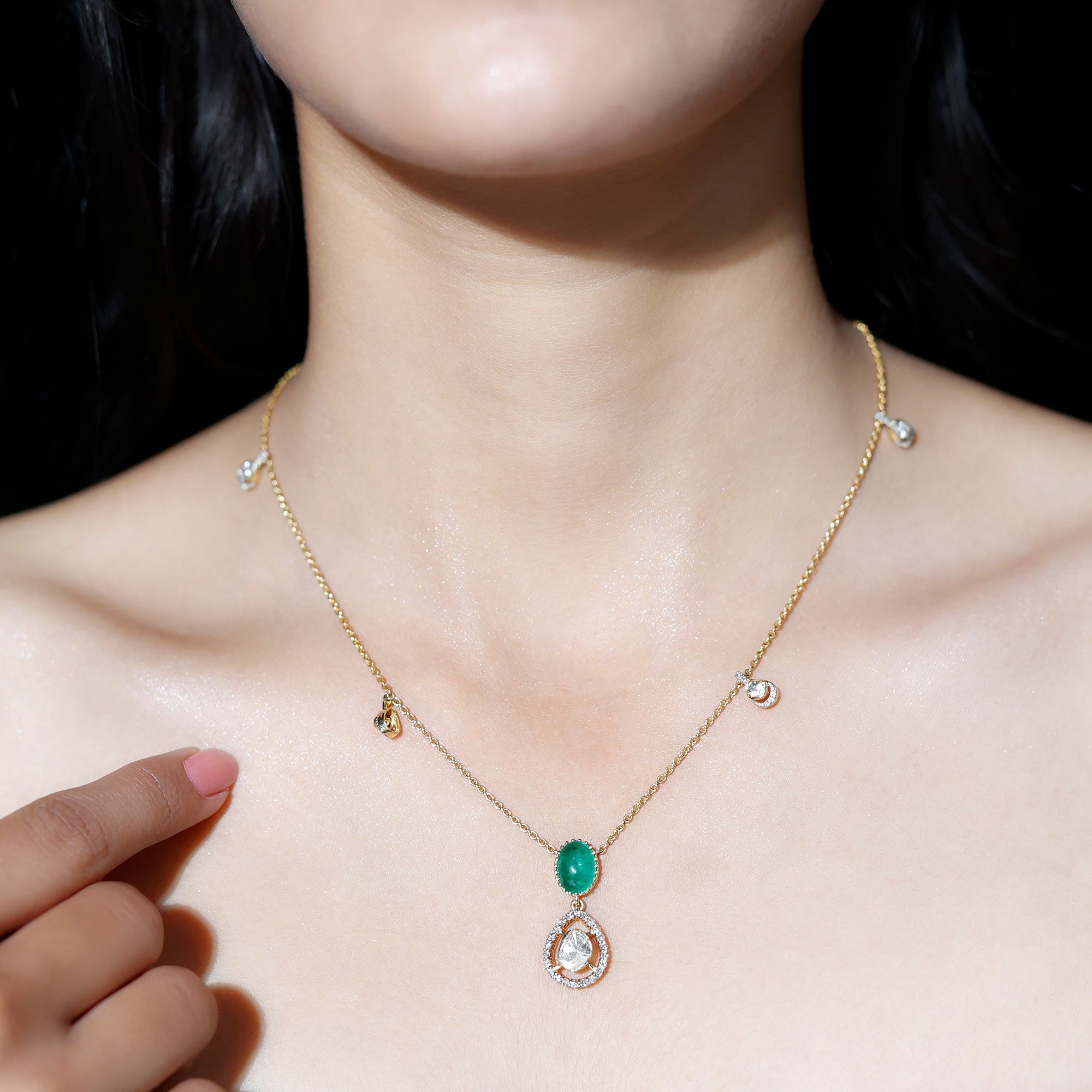 Uncut Diamond and Emerald Drop Pendant Necklace in 18k Gold - Rosec Jewels