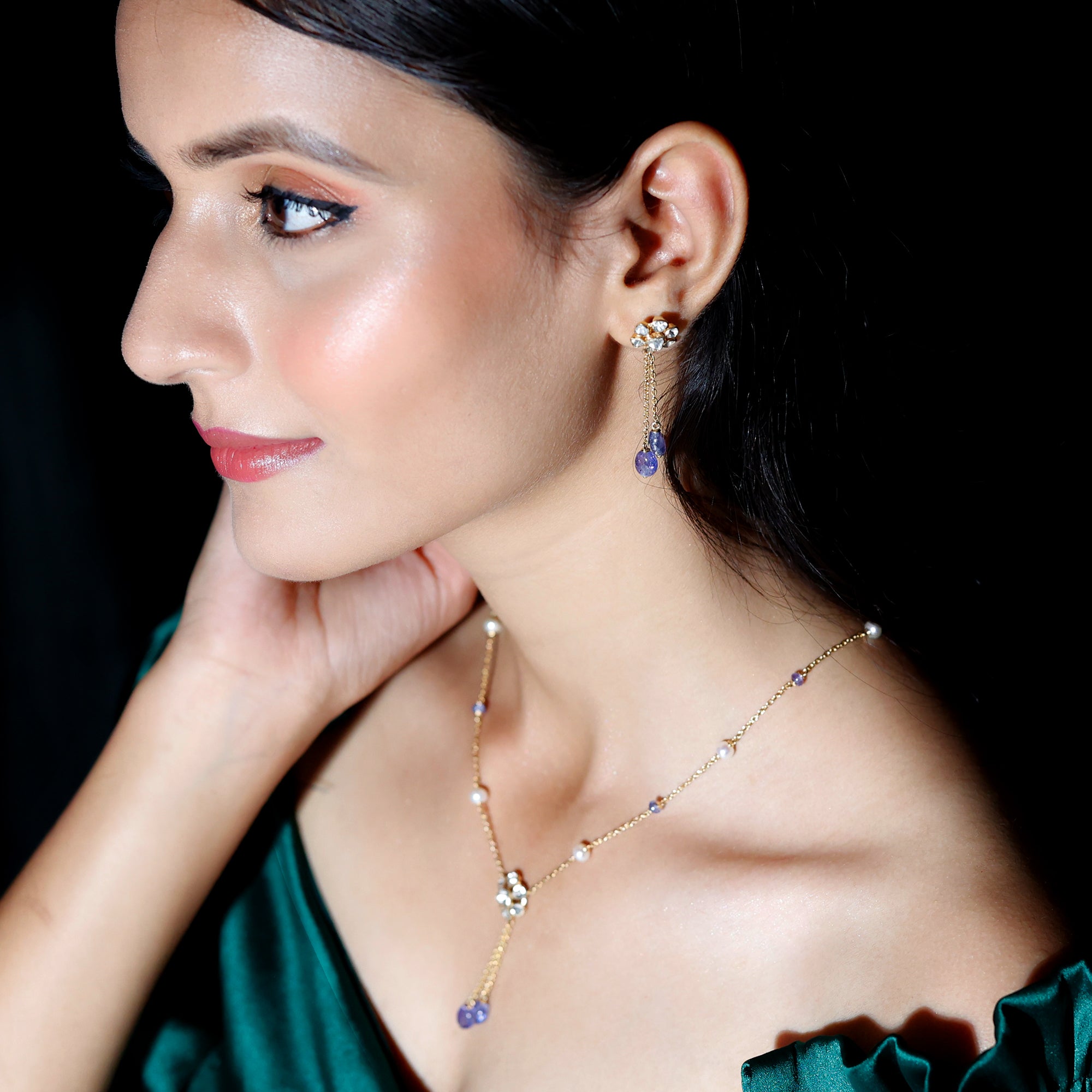 Polki Diamond Flower Jewelry Set with Dangling Tanzanite Beads - Rosec Jewels