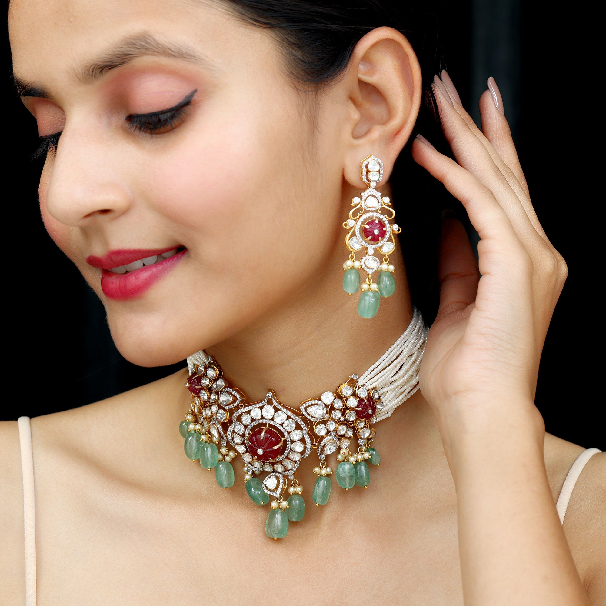 Designer Created Ruby and Polki Diamond Jewelry Set with Created Pearl and Beryl - Rosec Jewels