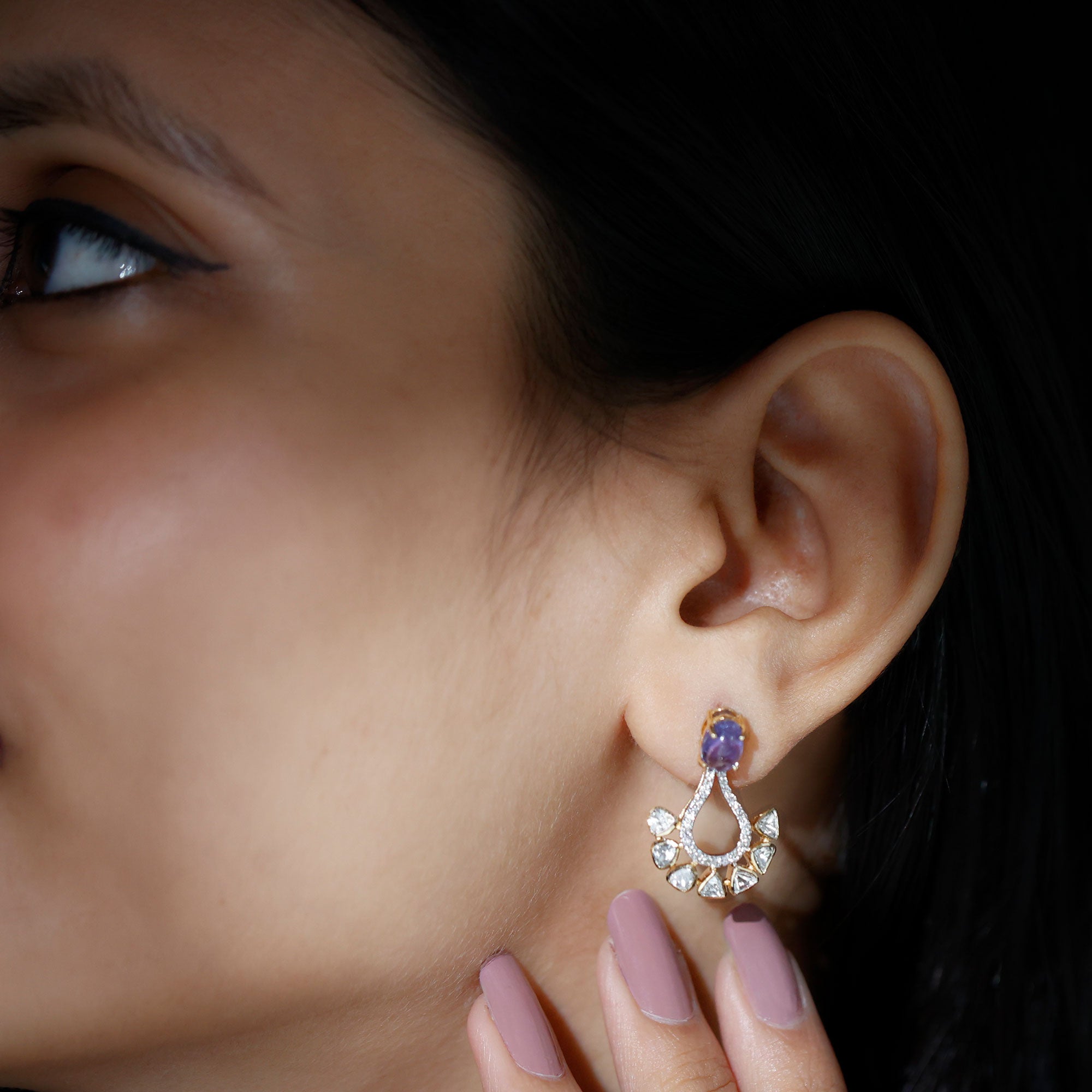 Polki Diamond and Tanzanite Teardrop Earrings in 18k Gold - Rosec Jewels