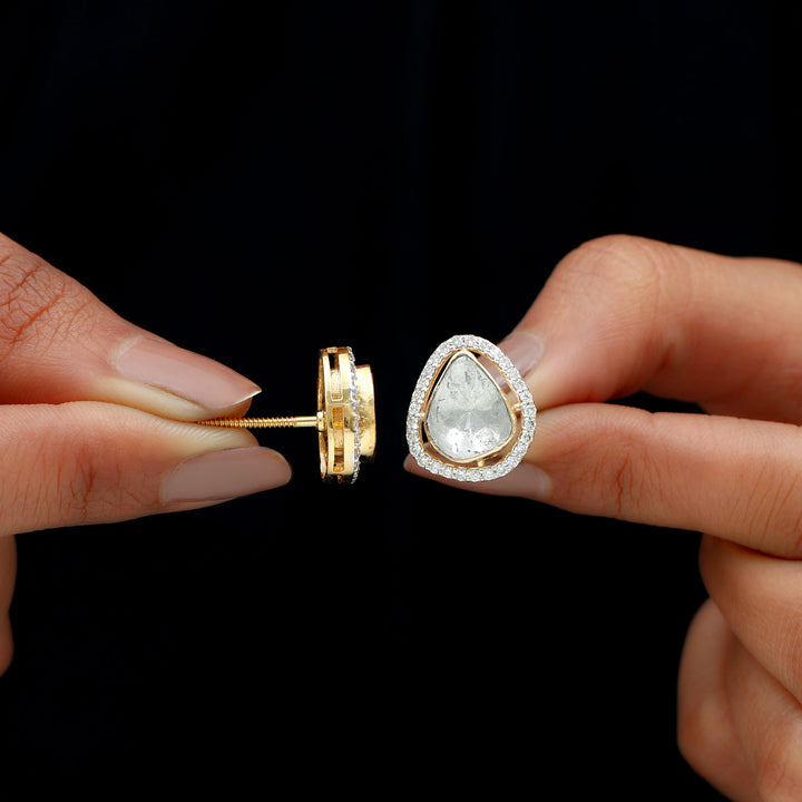 Elegant Single Polki Diamond Halo Stud Earrings in 14k Gold - Rosec Jewels