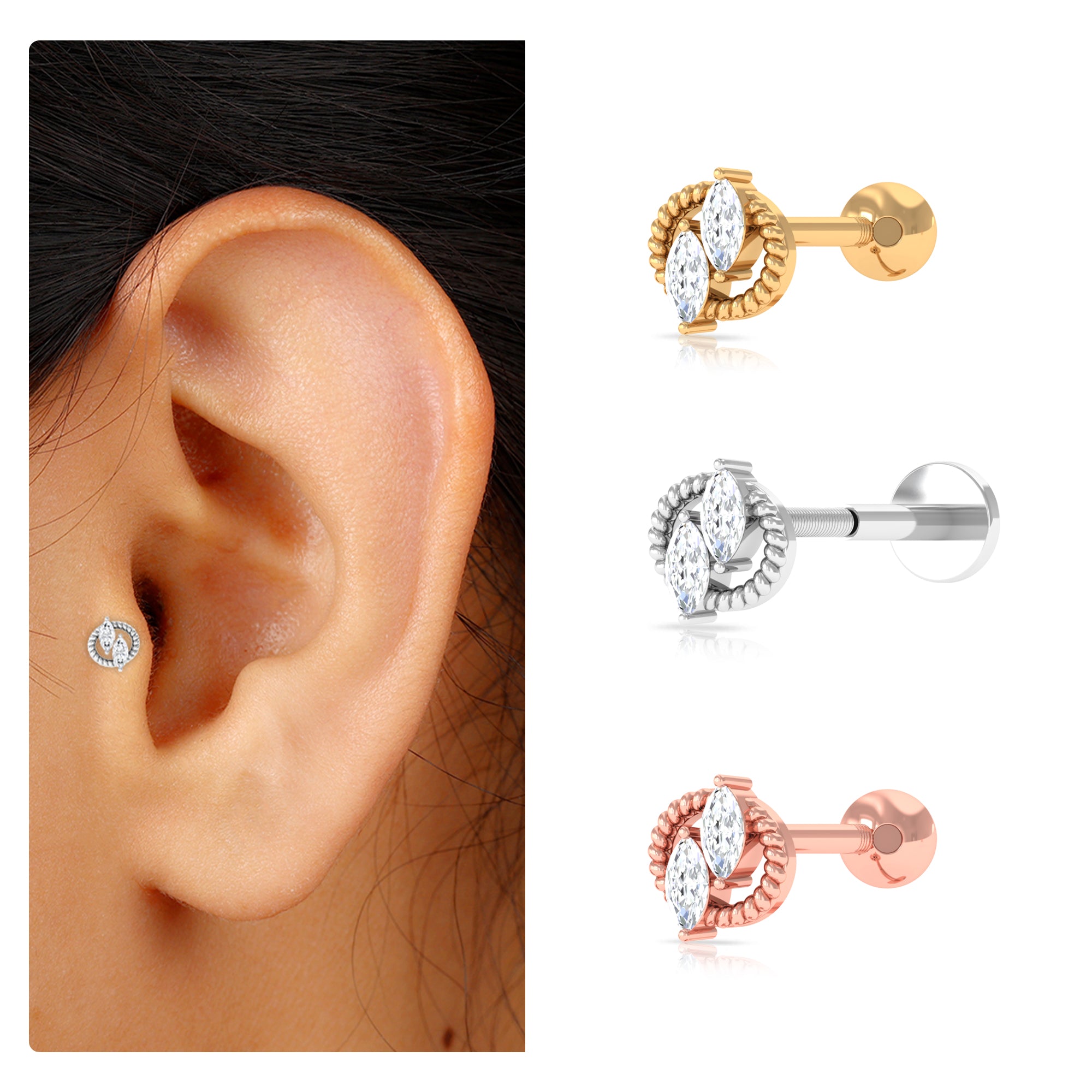 Marquise Diamond Twisted Rope Cartilage Earring Diamond - ( HI-SI ) - Color and Clarity - Rosec Jewels