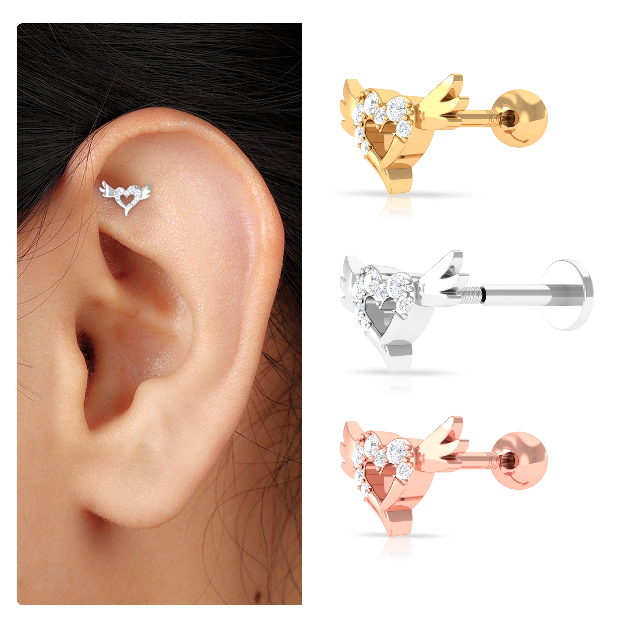 Real Diamond Heart Cartilage Earring with Gold Wings Diamond - ( HI-SI ) - Color and Clarity - Rosec Jewels