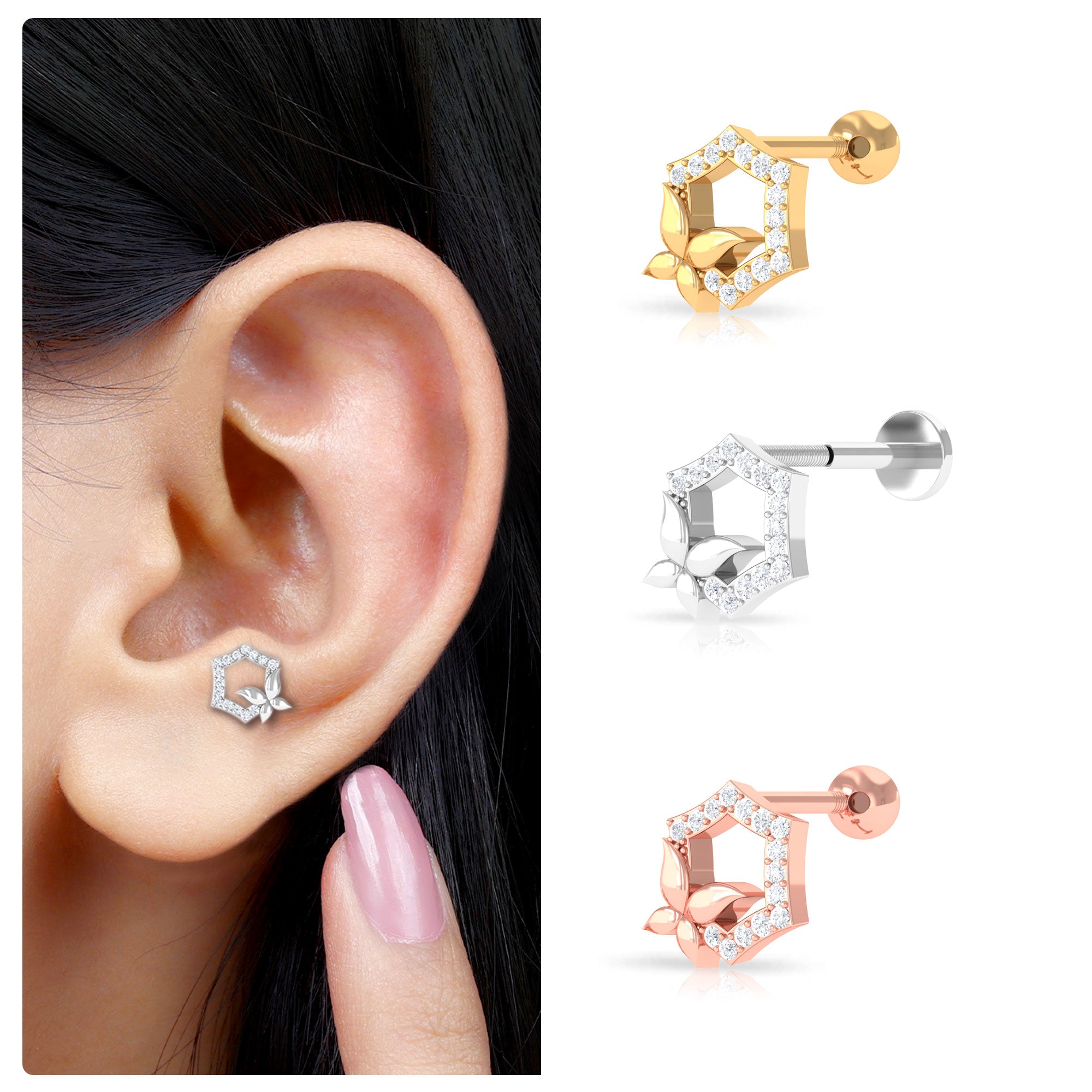 Real Diamond Unique Flower Cartilage Earring Diamond - ( HI-SI ) - Color and Clarity - Rosec Jewels