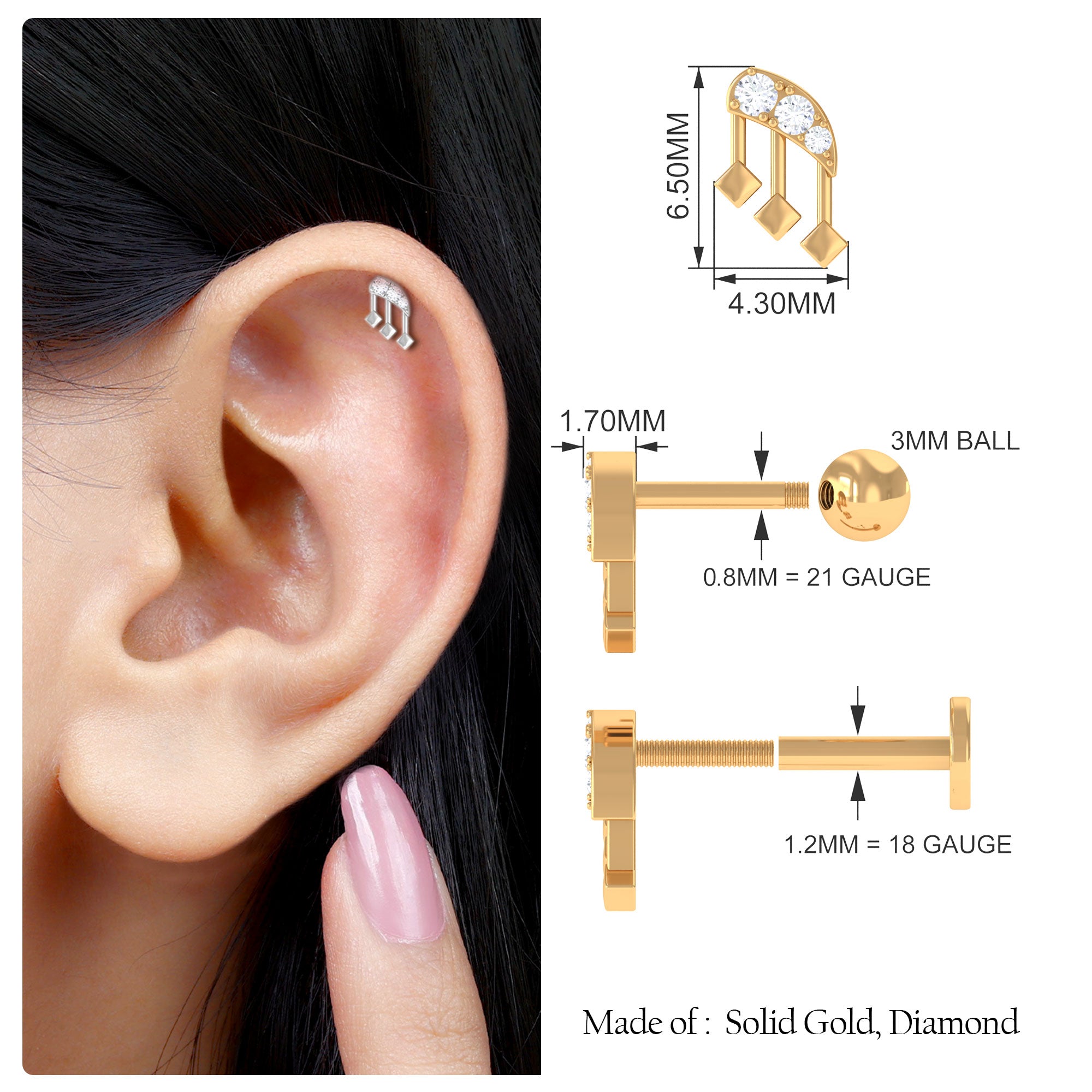 Real Diamond Music Note Cartilage Earring Diamond - ( HI-SI ) - Color and Clarity - Rosec Jewels