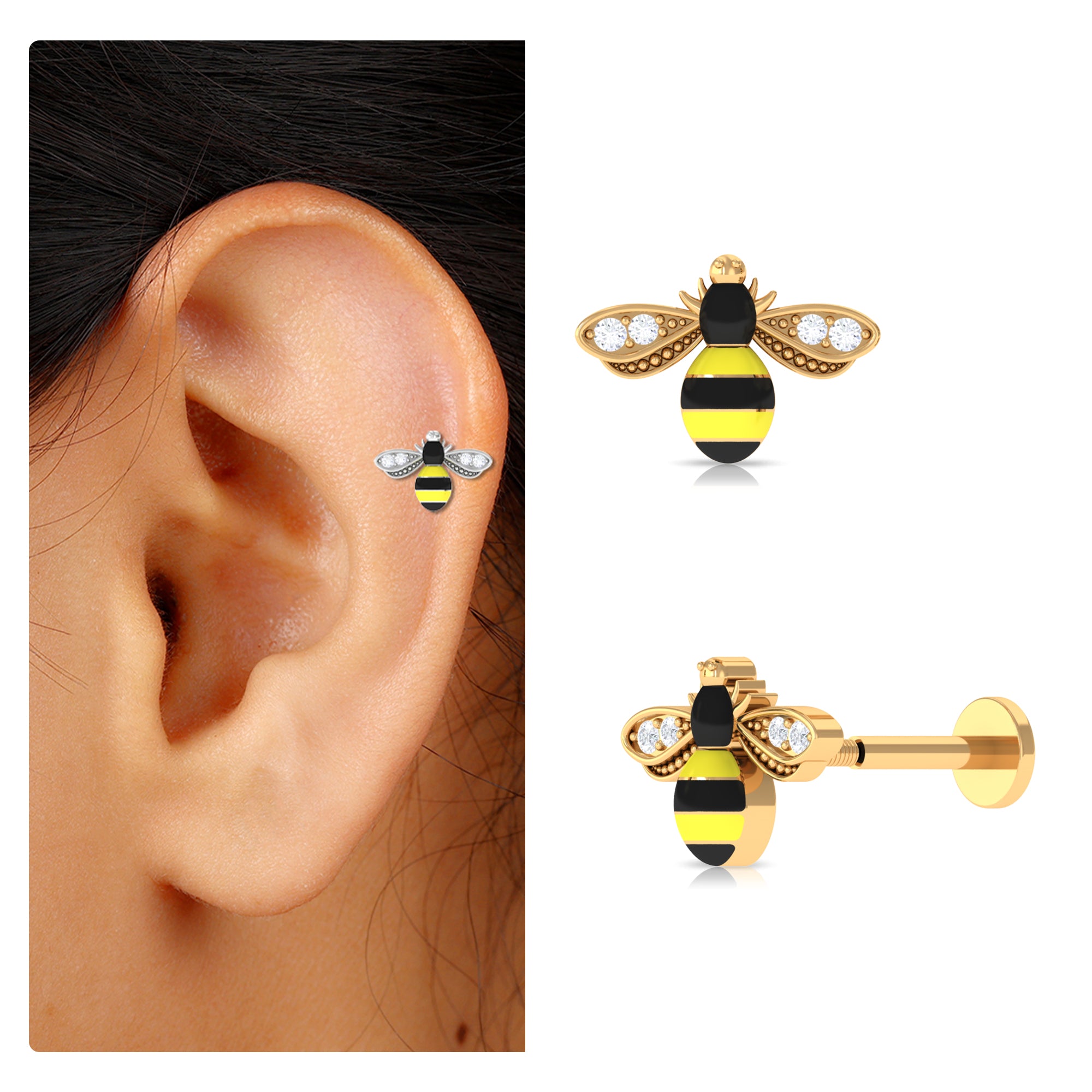 Natural Diamond Honey Bee Cartilage Earring Diamond - ( HI-SI ) - Color and Clarity - Rosec Jewels