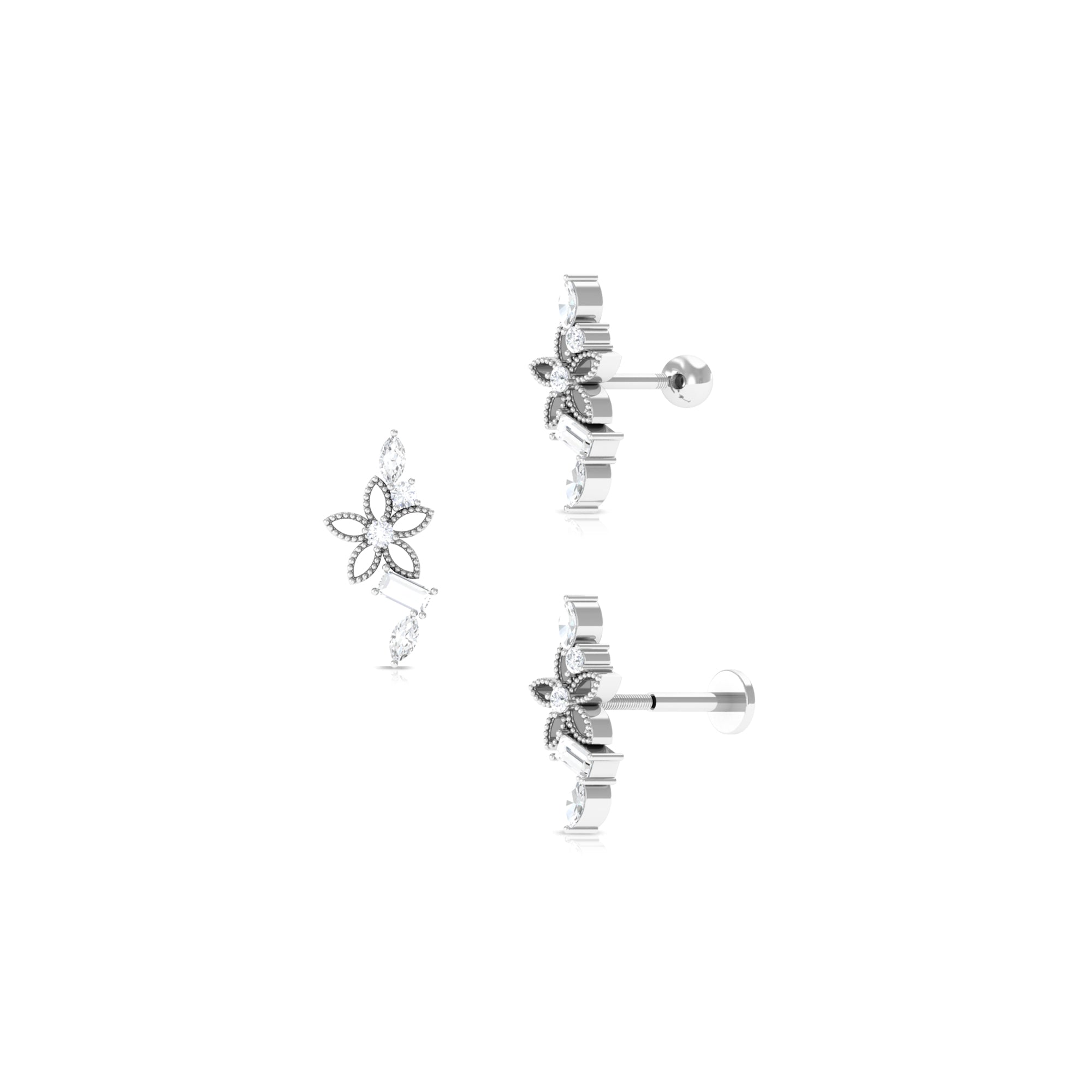 Unique Moissanite Flower Crawler Cartilage Earring Moissanite - ( D-VS1 ) - Color and Clarity - Rosec Jewels
