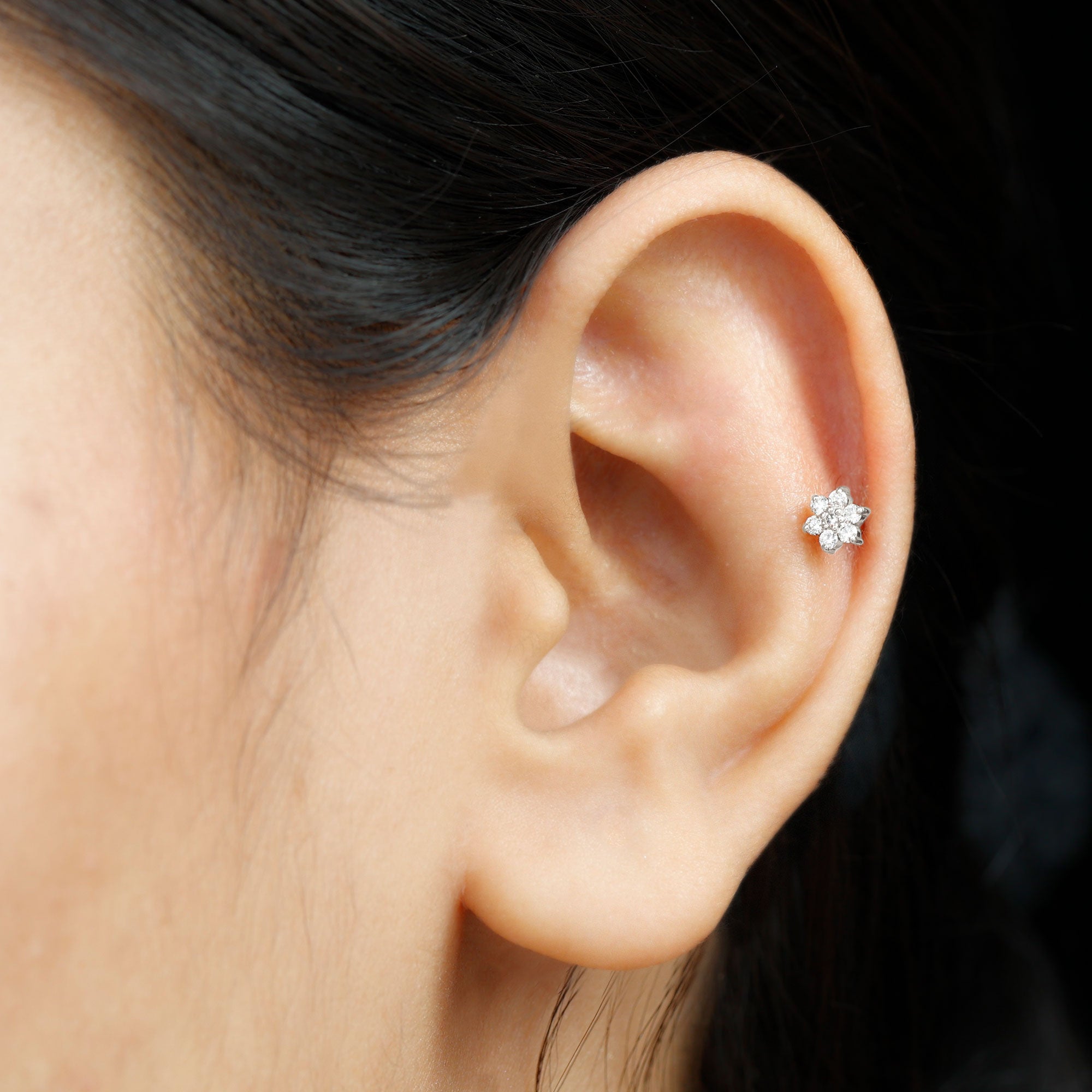 Tiny Moissanite Gold Flower Earring for Conch Piercing Moissanite - ( D-VS1 ) - Color and Clarity - Rosec Jewels