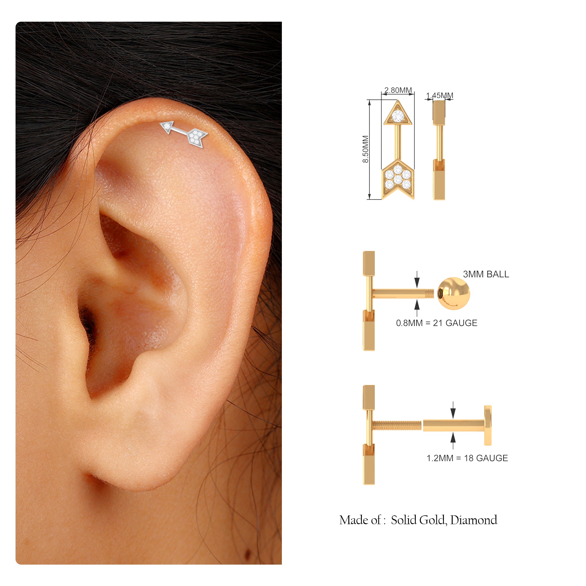 Dainty Diamond Gold Arrow Earring for Helix Piercing Diamond - ( HI-SI ) - Color and Clarity - Rosec Jewels