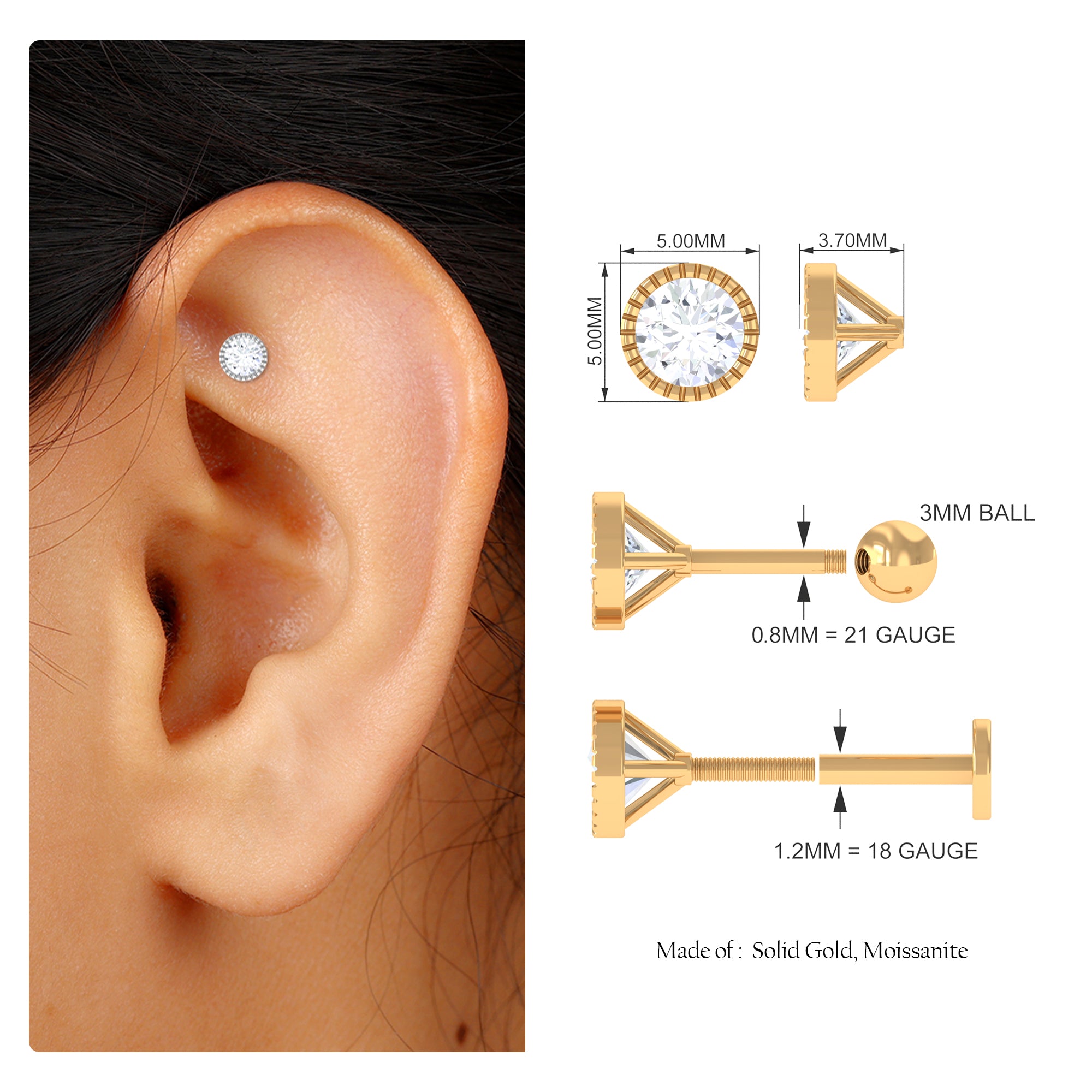 Minimalist Round Moissanite Conch Earring Moissanite - ( D-VS1 ) - Color and Clarity - Rosec Jewels