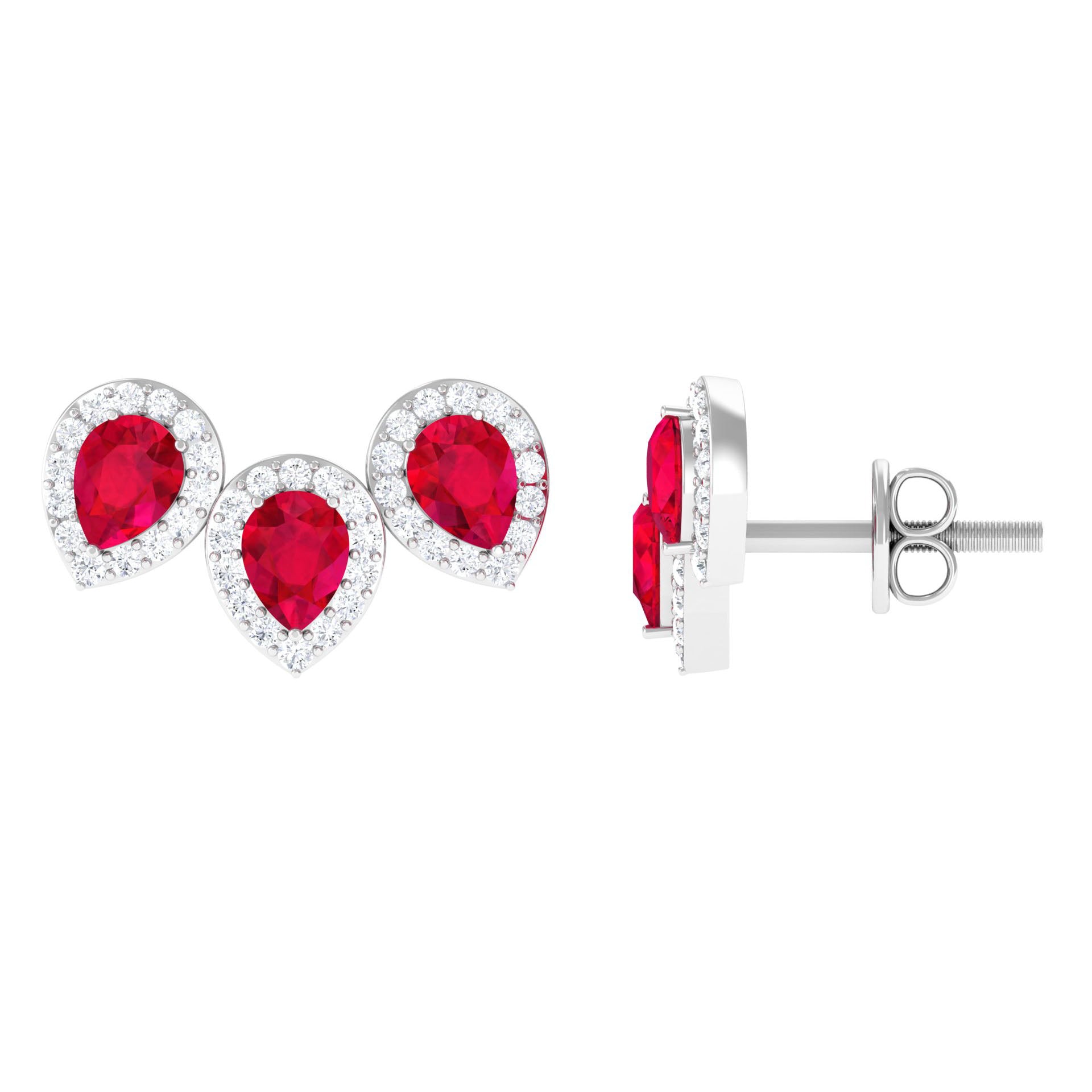 1.75 CT Created Ruby and Diamond Halo 3 Stone Earrings Lab Created Ruby - ( AAAA ) - Quality - Rosec Jewels