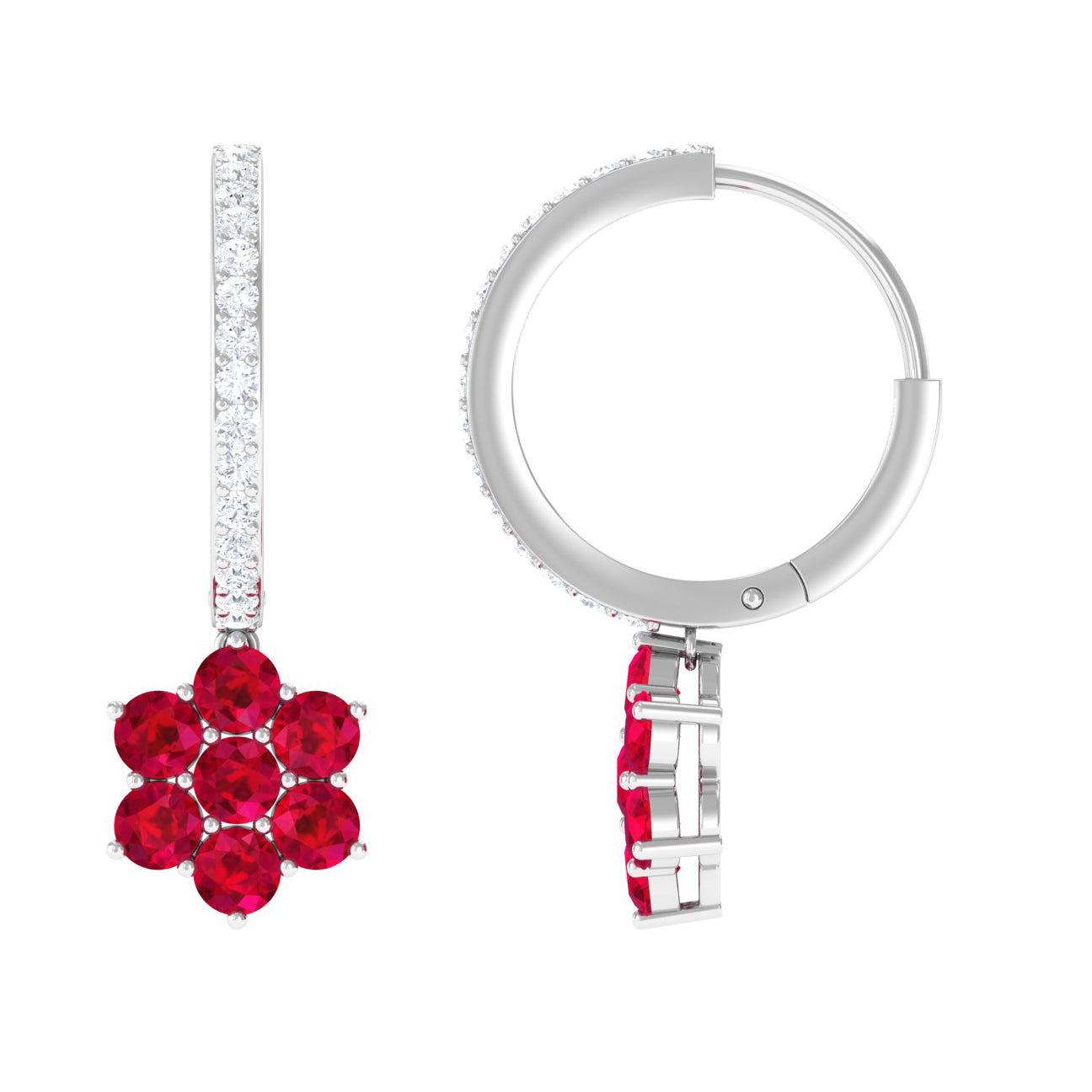 2.25 CT Created Ruby and Diamond Flower Drop Dangle Hoop Earrings Lab Created Ruby - ( AAAA ) - Quality - Rosec Jewels