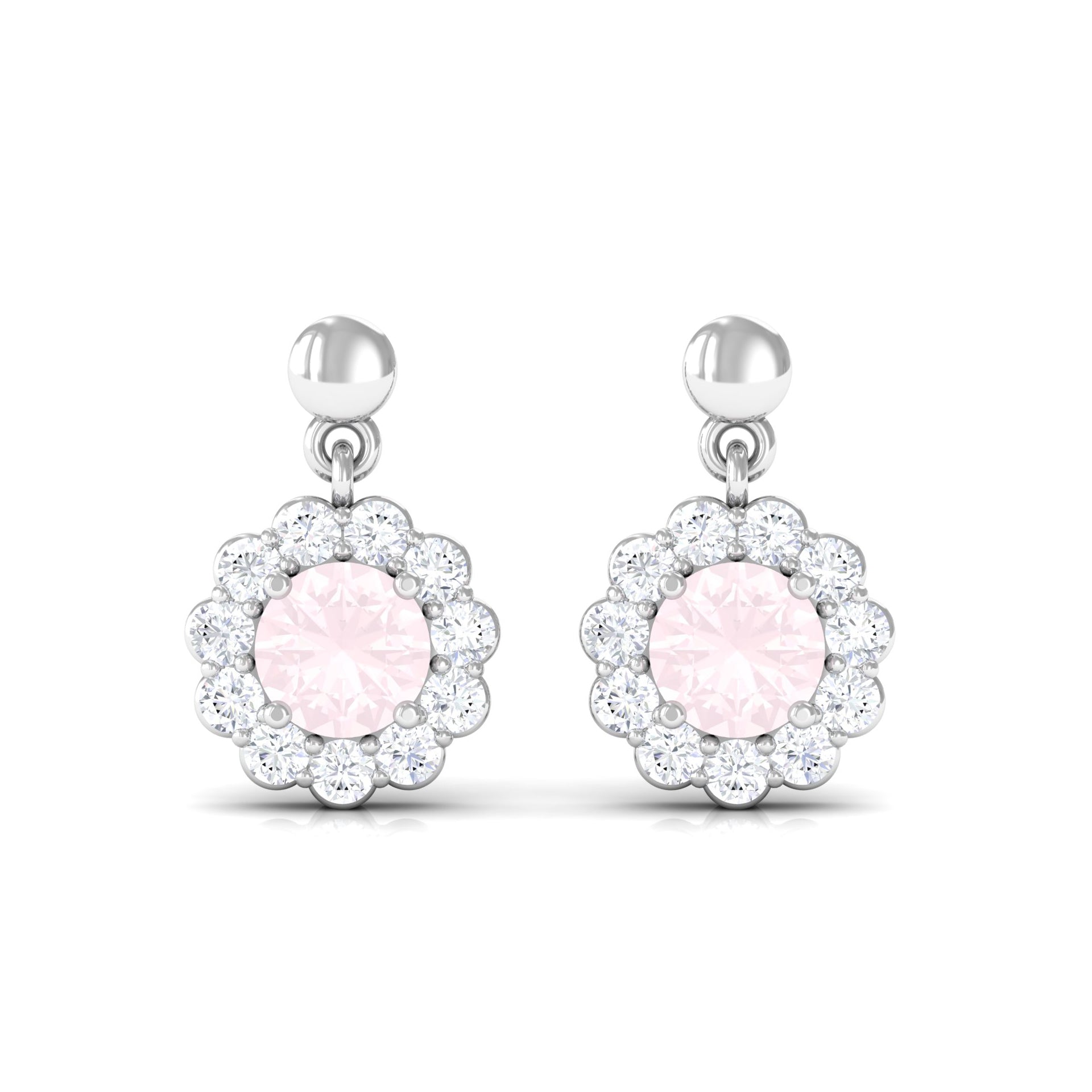 1 CT Real Rose Quartz and Diamond Flower Halo Drop Earrings Rose Quartz - ( AAA ) - Quality - Rosec Jewels