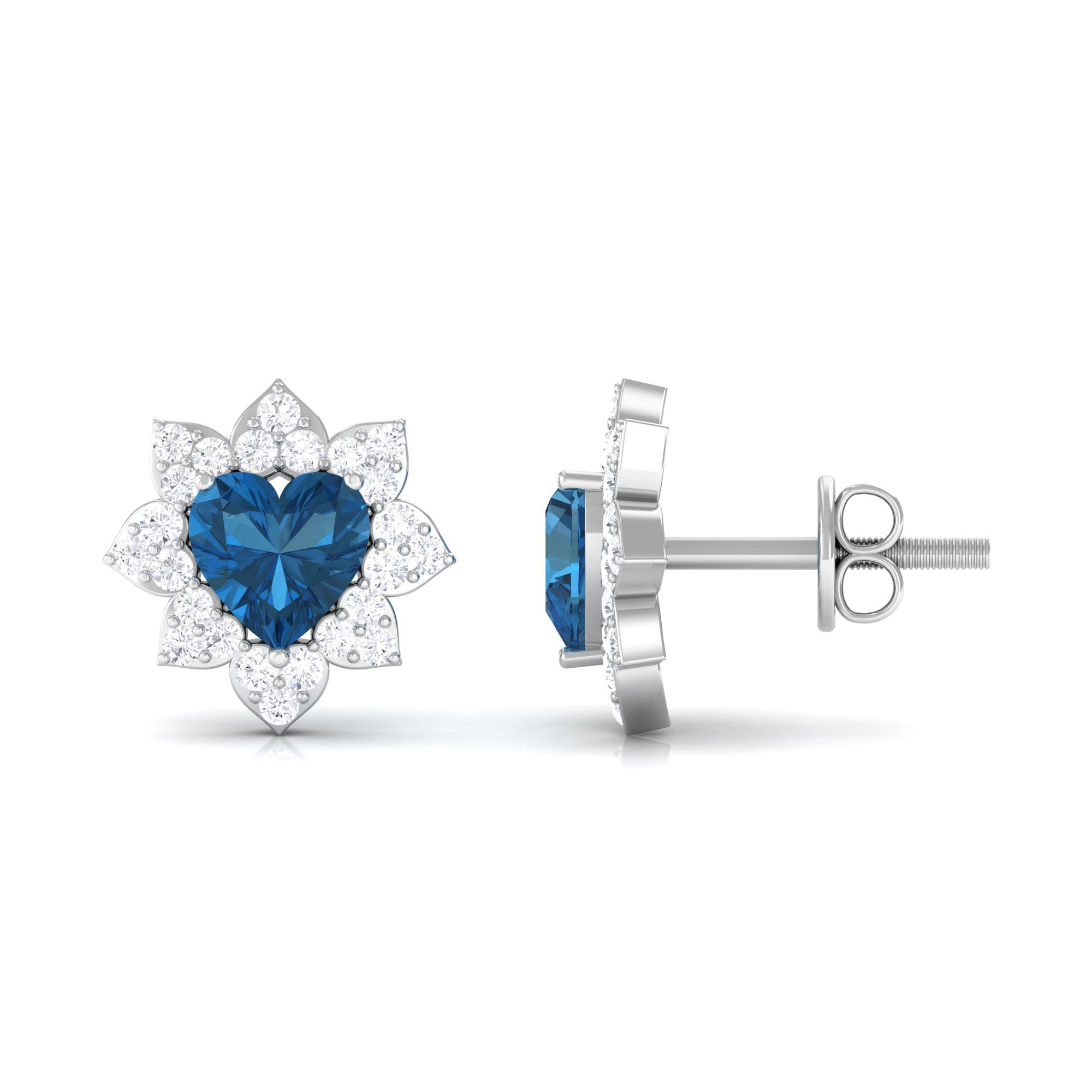 1.50 CT Heart Shape London Blue Topaz and Diamond Halo Stud Earrings London Blue Topaz - ( AAA ) - Quality - Rosec Jewels