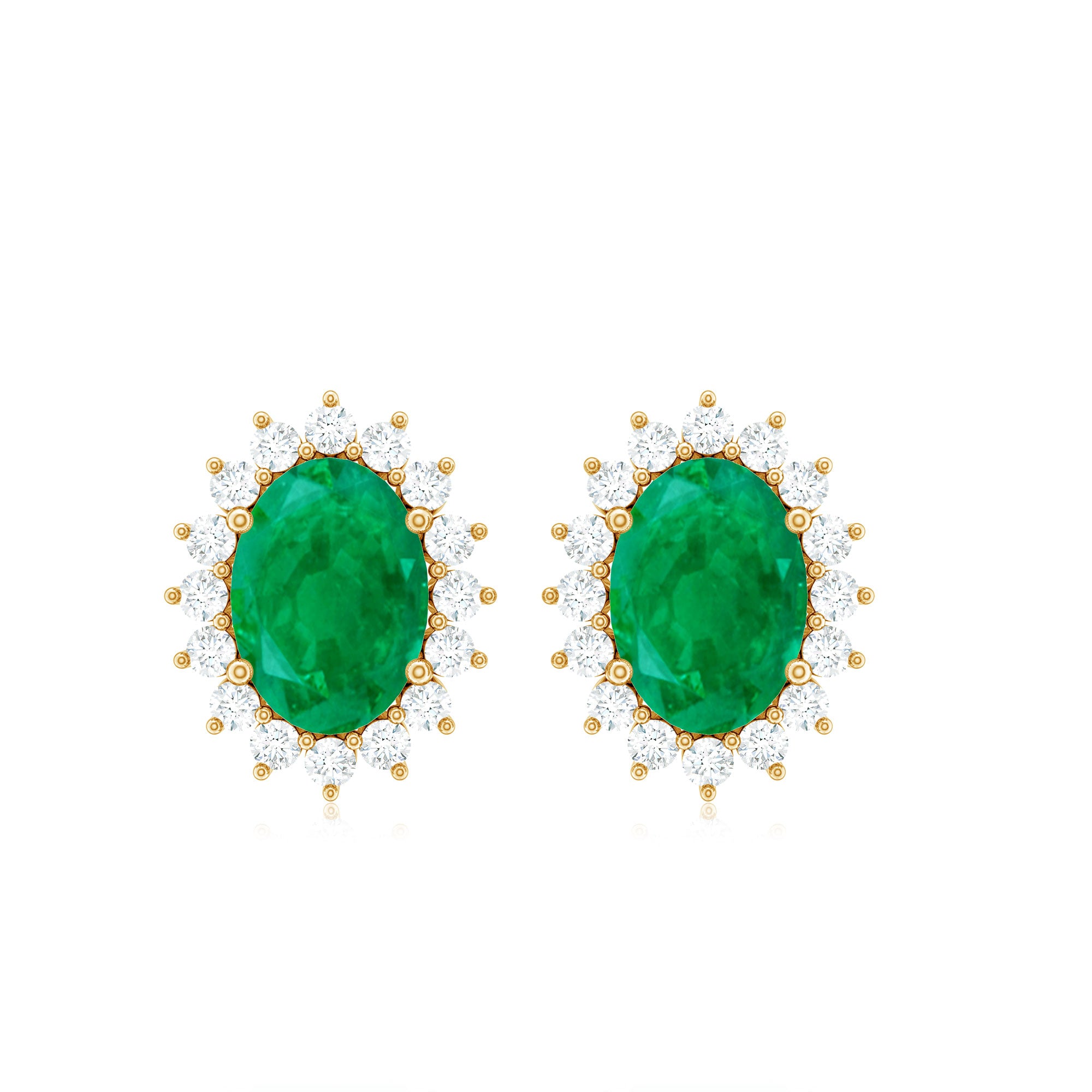 Oval Cut Natural Emerald Stud Earrings with Diamond Halo Emerald - ( AAA ) - Quality - Rosec Jewels
