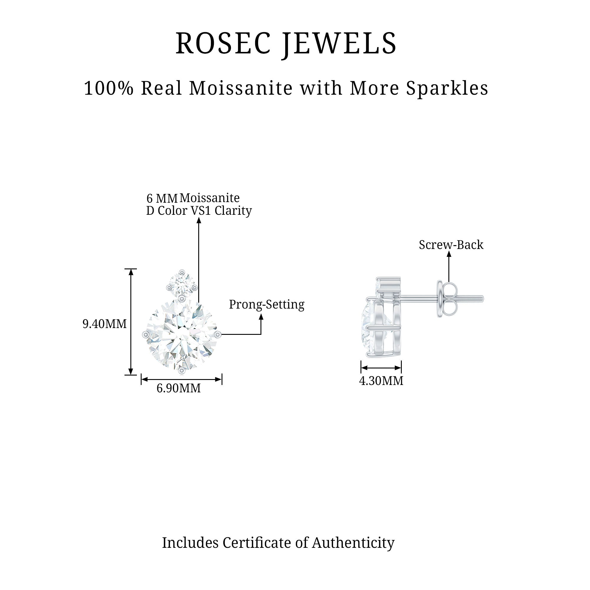 Simple Round Moissanite Solitaire Stud Earrings Moissanite - ( D-VS1 ) - Color and Clarity - Rosec Jewels
