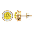 Classic Stud Earrings with Lab Grown Yellow Sapphire and Diamond Halo Lab Created Yellow Sapphire - ( AAAA ) - Quality - Rosec Jewels