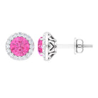 Round Pink Sapphire Halo Stud Earrings with Diamond Pink Sapphire - ( AAA ) - Quality - Rosec Jewels
