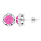 Pink Sapphire and Diamond Flower Stud Earrings Pink Sapphire - ( AAA ) - Quality - Rosec Jewels