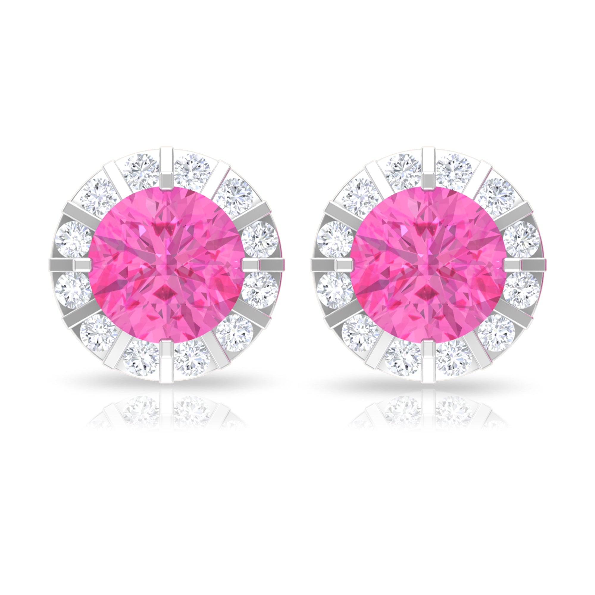 Antique Pink Sapphire and Diamond Halo Stud Earrings Pink Sapphire - ( AAA ) - Quality - Rosec Jewels