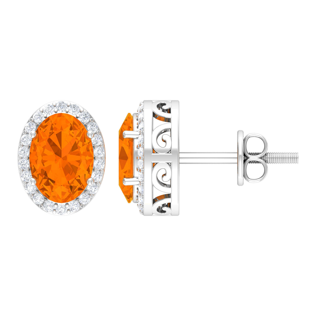 1.50 CT Oval Cut Fire Opal and Diamond Halo Stud Earrings Fire Opal - ( AAA ) - Quality - Rosec Jewels
