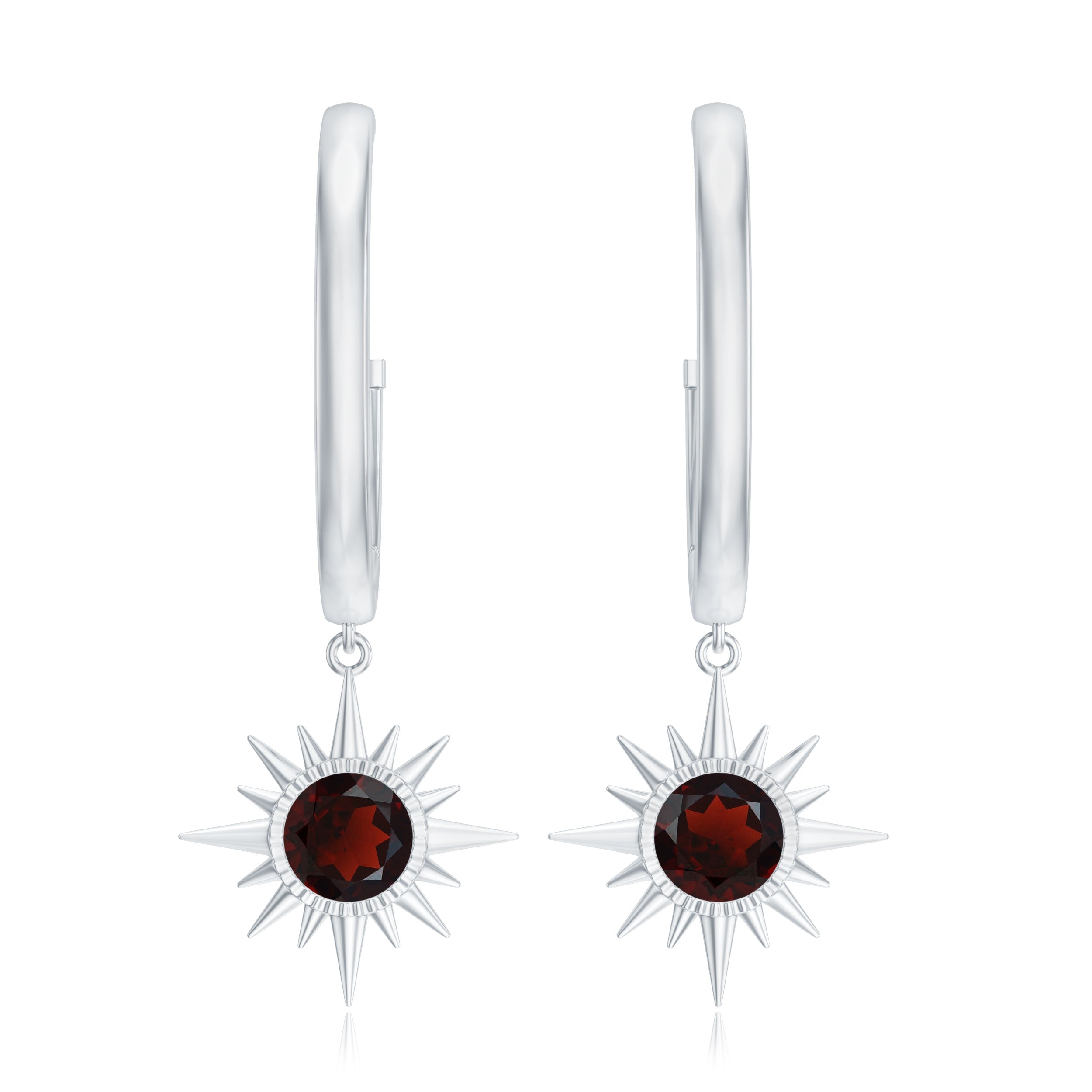 3/4 CT Milgrain Bezel Set Garnet Sunburst Drop Hoop Earrings Garnet - ( AAA ) - Quality - Rosec Jewels