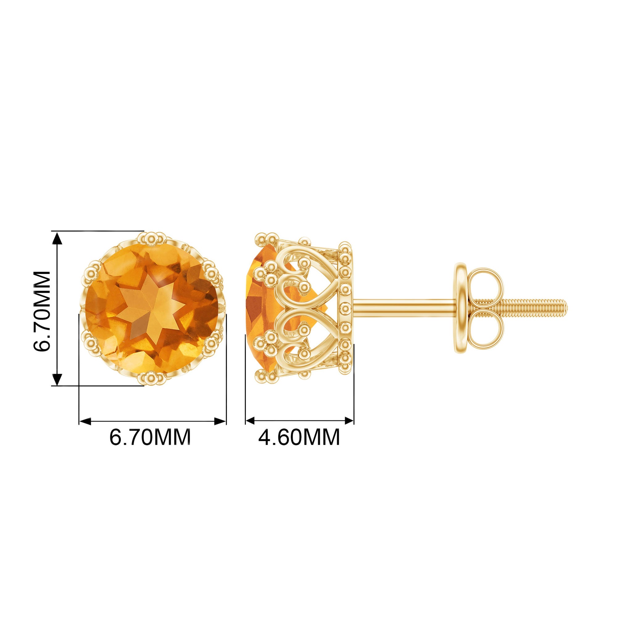 Round Citrine Solitaire Crown Stud Earrings Citrine - ( AAA ) - Quality - Rosec Jewels