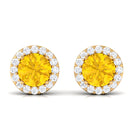 Classic Yellow Sapphire Stud Earrings with Diamond Halo Yellow Sapphire - ( AAA ) - Quality - Rosec Jewels