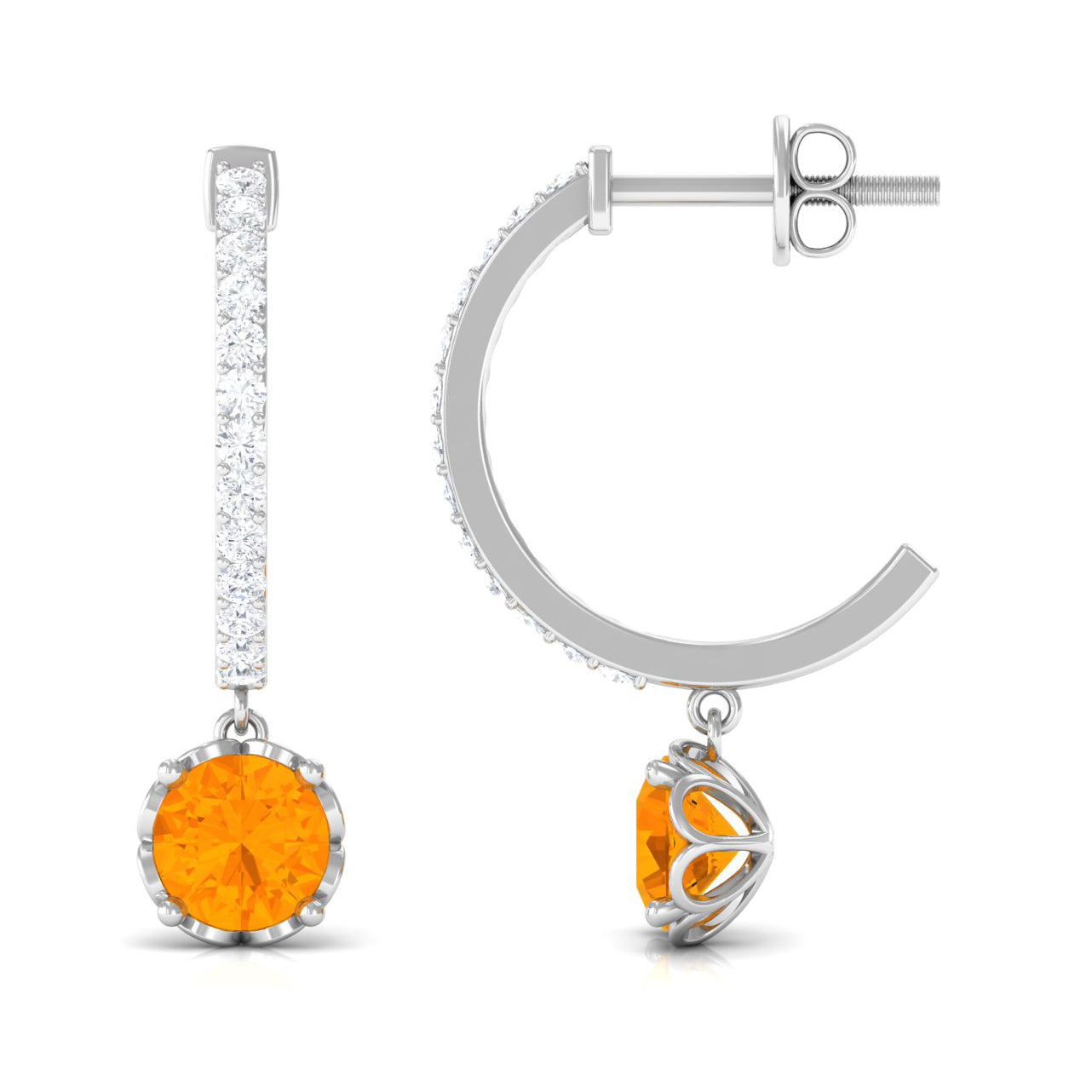 Minimal Round Fire Opal and Diamond Hoop Drop Earrings Fire Opal - ( AAA ) - Quality - Rosec Jewels