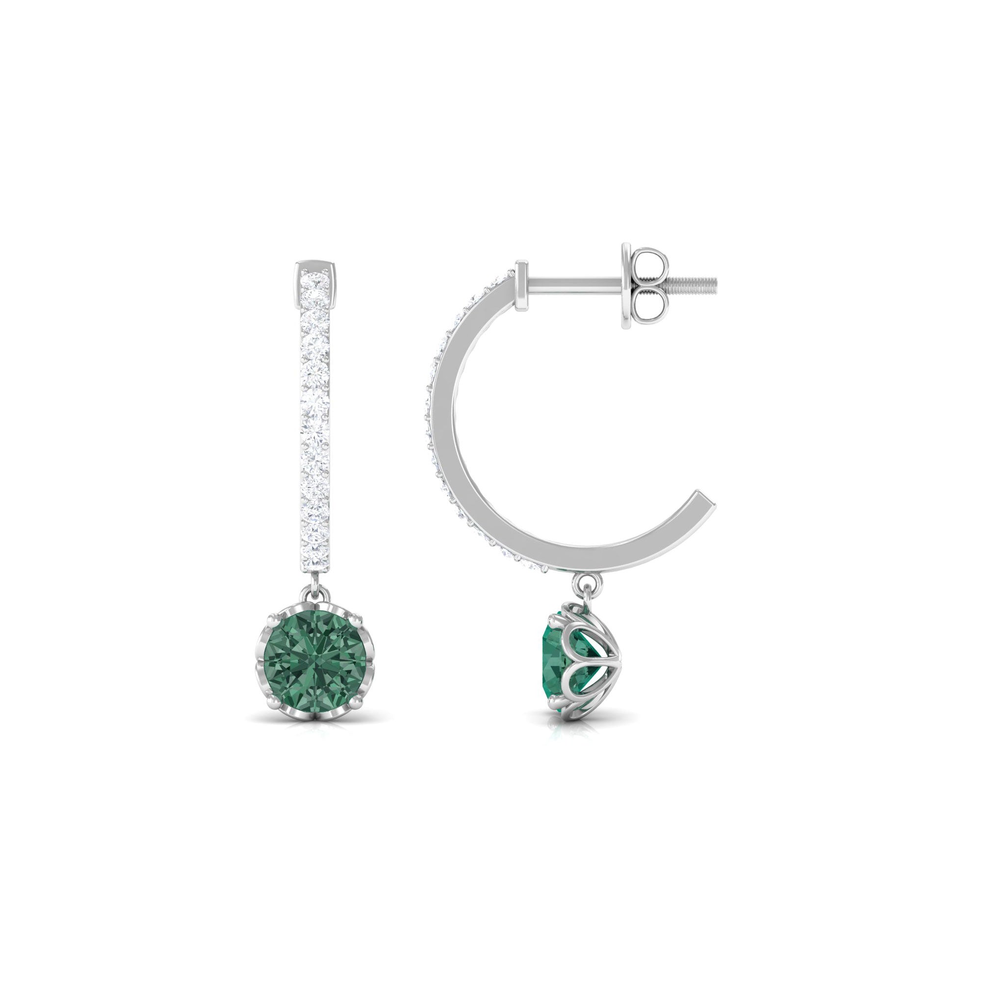 Lab Grown Green Sapphire Drop Hoop Earrings with Diamond Lab Created Green Sapphire - ( AAAA ) - Quality - Rosec Jewels