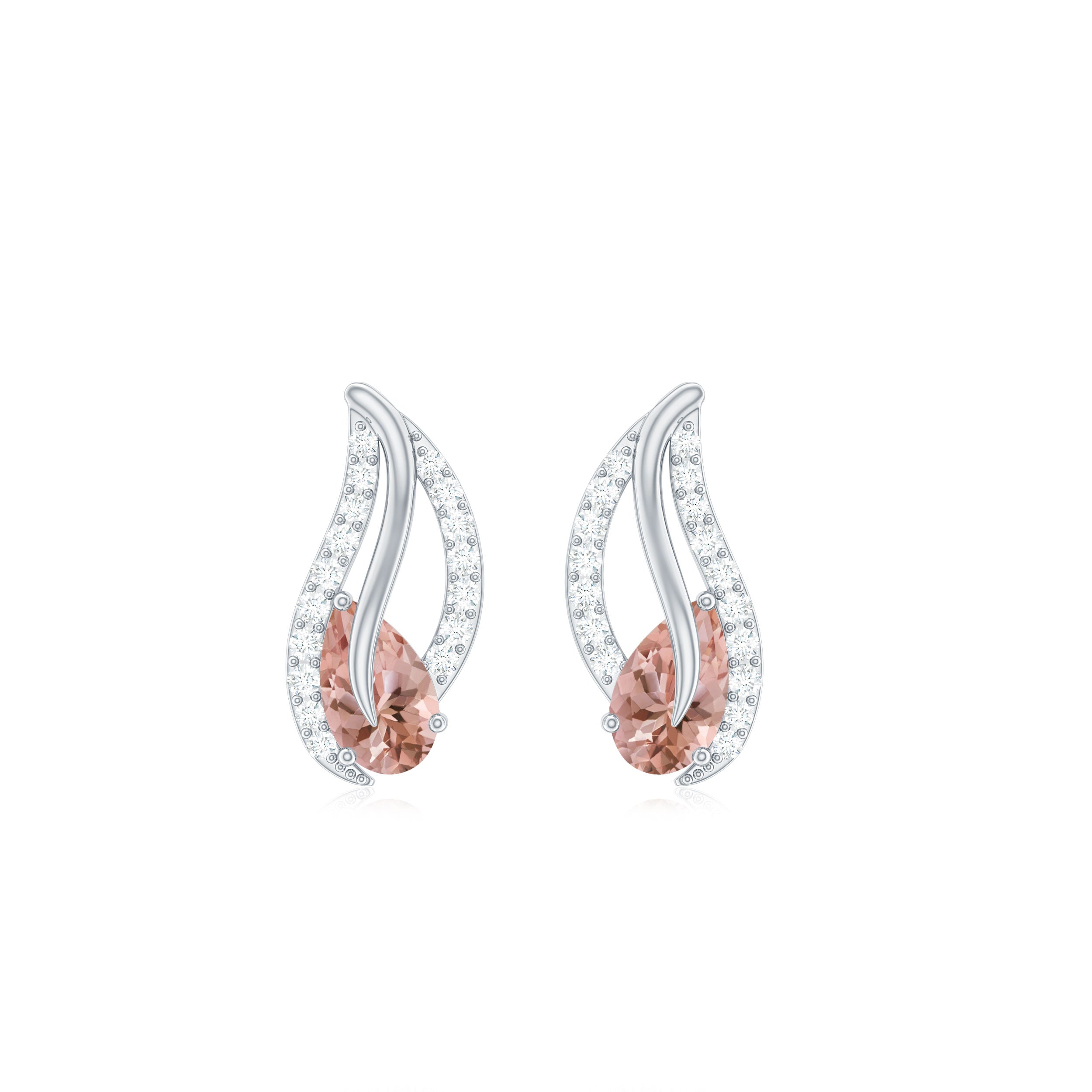 Pear Cut Morganite Leaf Stud Earrings with Diamond Morganite - ( AAA ) - Quality - Rosec Jewels