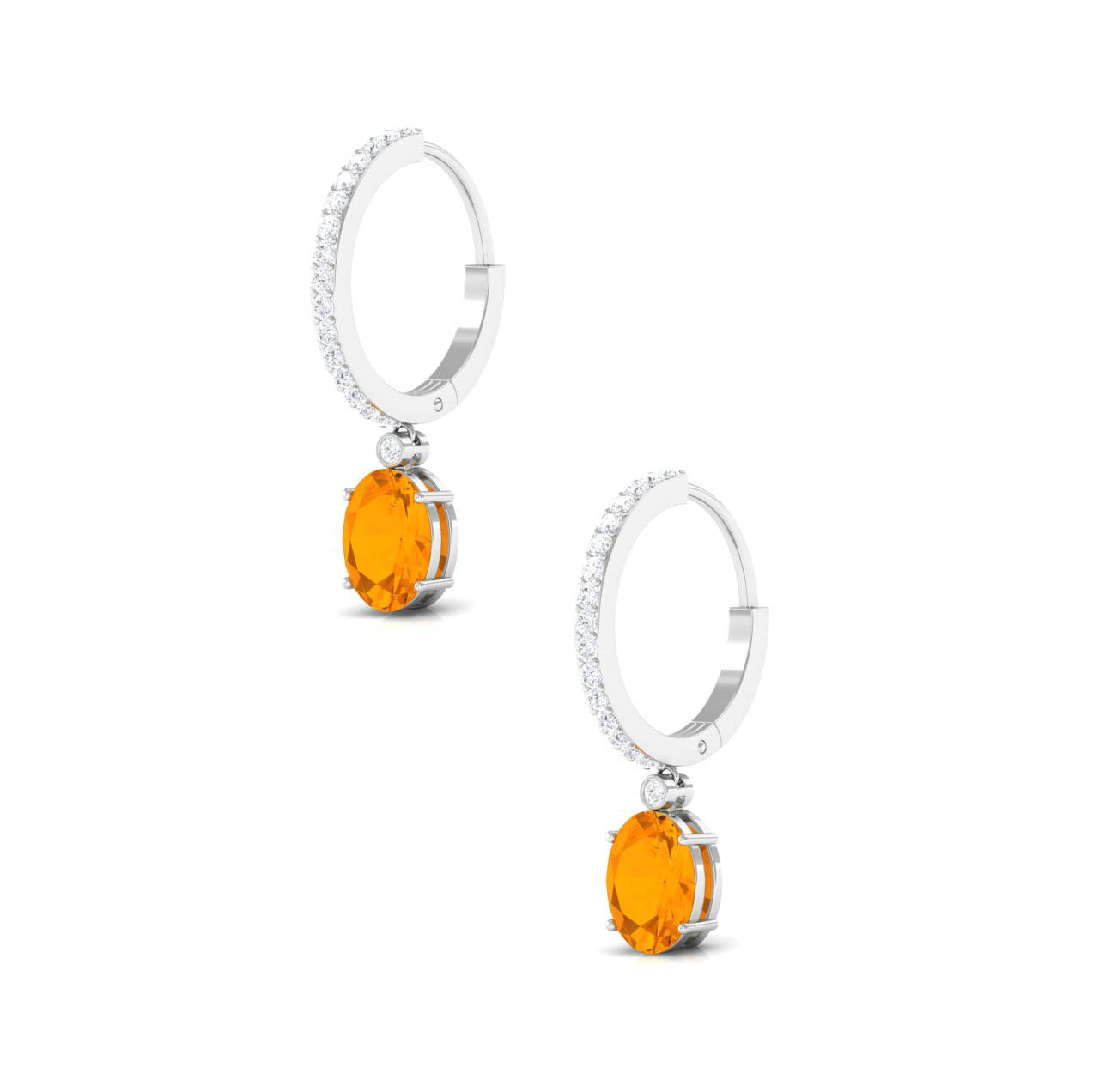 Oval Fire Opal Hinged Hoop Drop Earrings with Diamond Fire Opal - ( AAA ) - Quality - Rosec Jewels