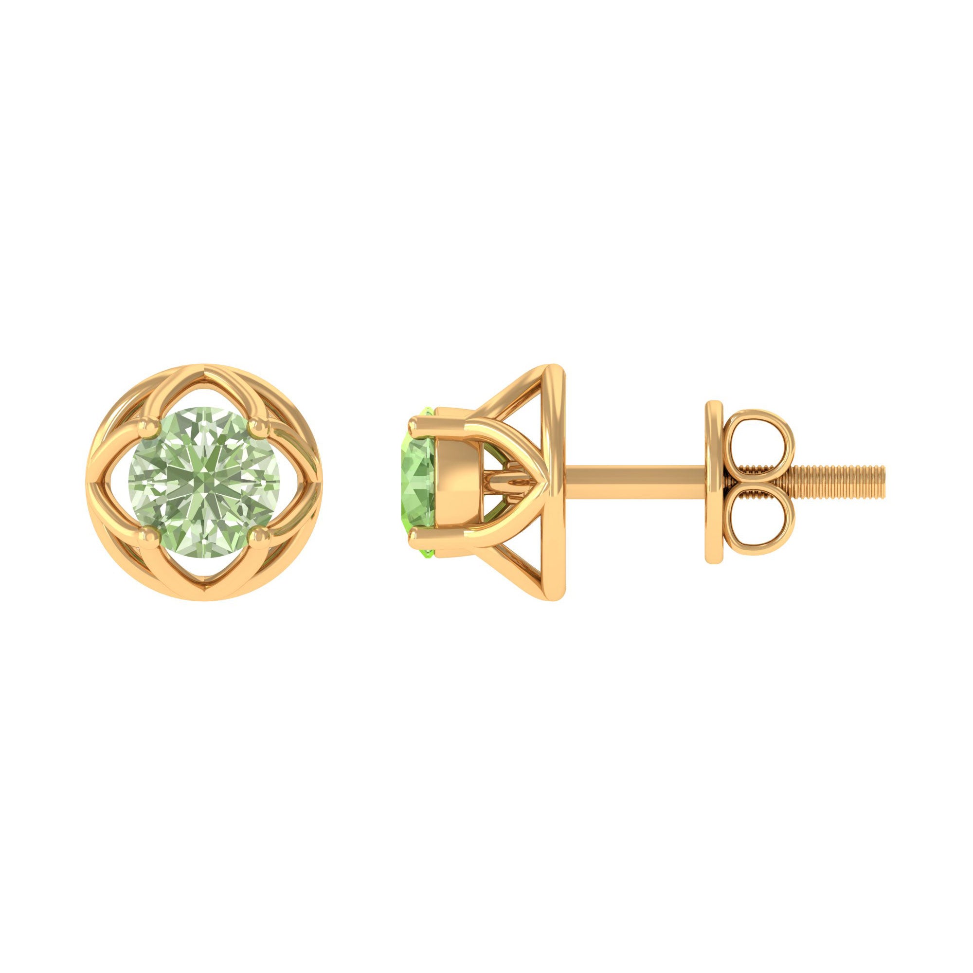 Round Green Sapphire Solitaire Flower Stud Earrings Green Sapphire - ( AAA ) - Quality - Rosec Jewels