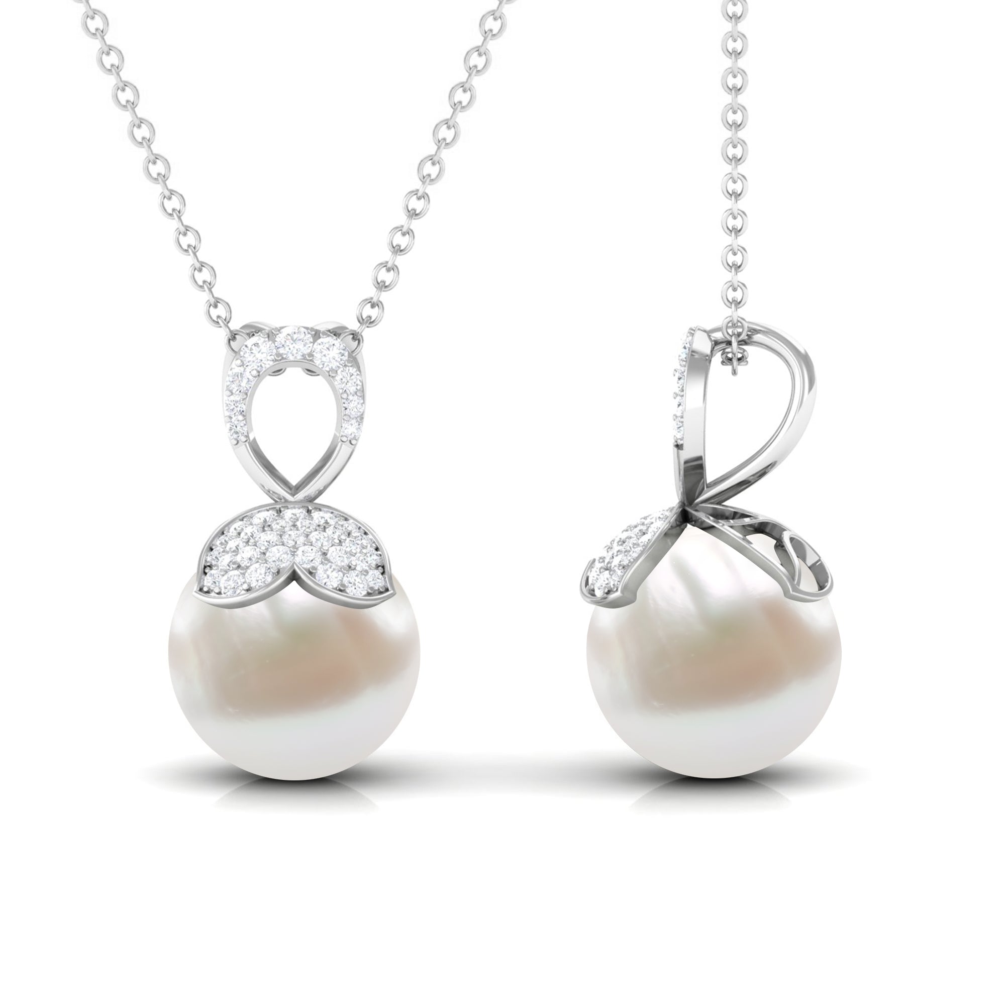Rosec Jewels-Nature Inspired Freshwater Pearl Drop Pendant Necklace with Diamond