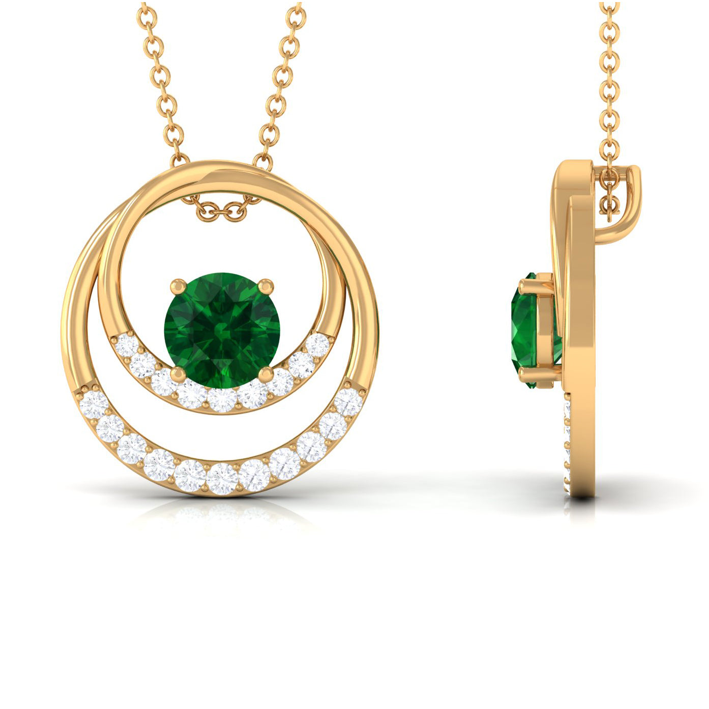 Real Created Emerald and Diamond Open Circle Pendant Lab Created Emerald - ( AAAA ) - Quality - Rosec Jewels