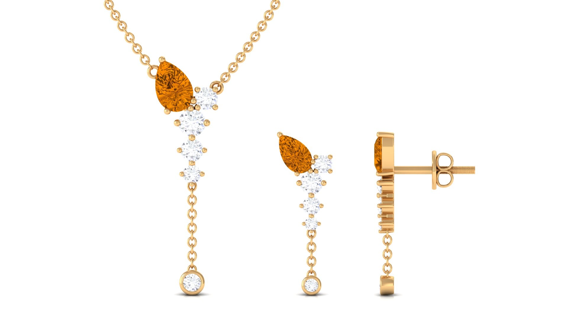 Minimal Citrine Dangle Necklace and Earrings Set in Gold with Moissanite Citrine - ( AAA ) - Quality - Rosec Jewels