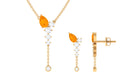 Minimal Fire Opal Dangle Necklace and Earrings Set in Gold with Moissanite Fire Opal - ( AAA ) - Quality - Rosec Jewels