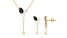 Minimal Black Onyx Dangle Necklace and Earrings Set in Gold with Moissanite Black Onyx - ( AAA ) - Quality - Rosec Jewels